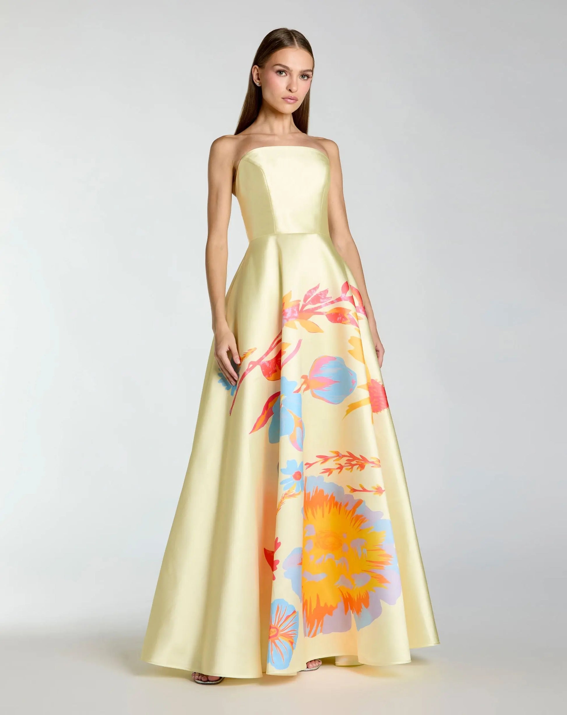 Yellow Strapless Mikado Ball Gown With Floral Print | Mac Duggal Yellow Strapless Mikado Ball Gown With Floral Print | Mac Duggal