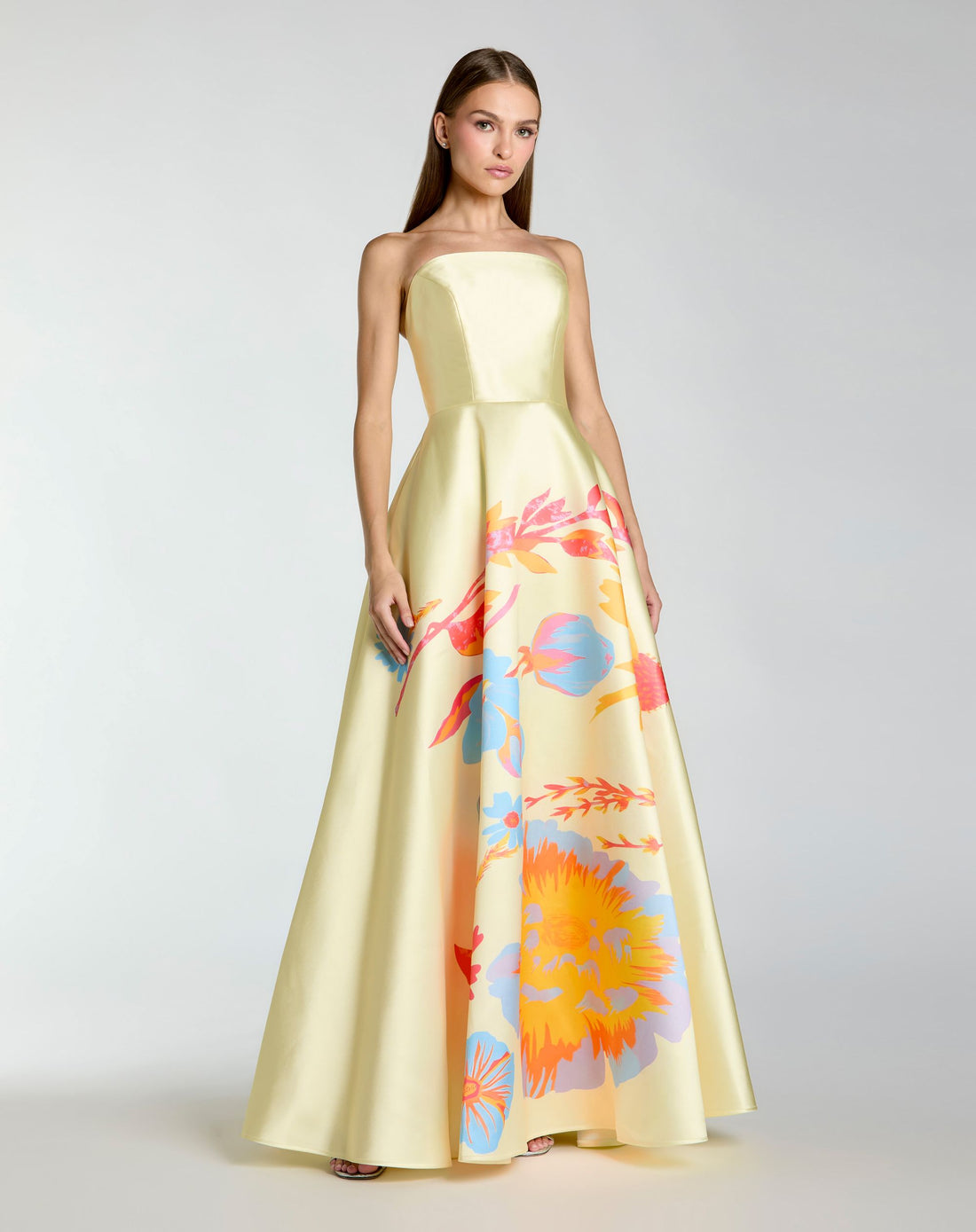 Yellow Strapless Mikado Ball Gown With Floral Print - Ieena for Mac Duggal