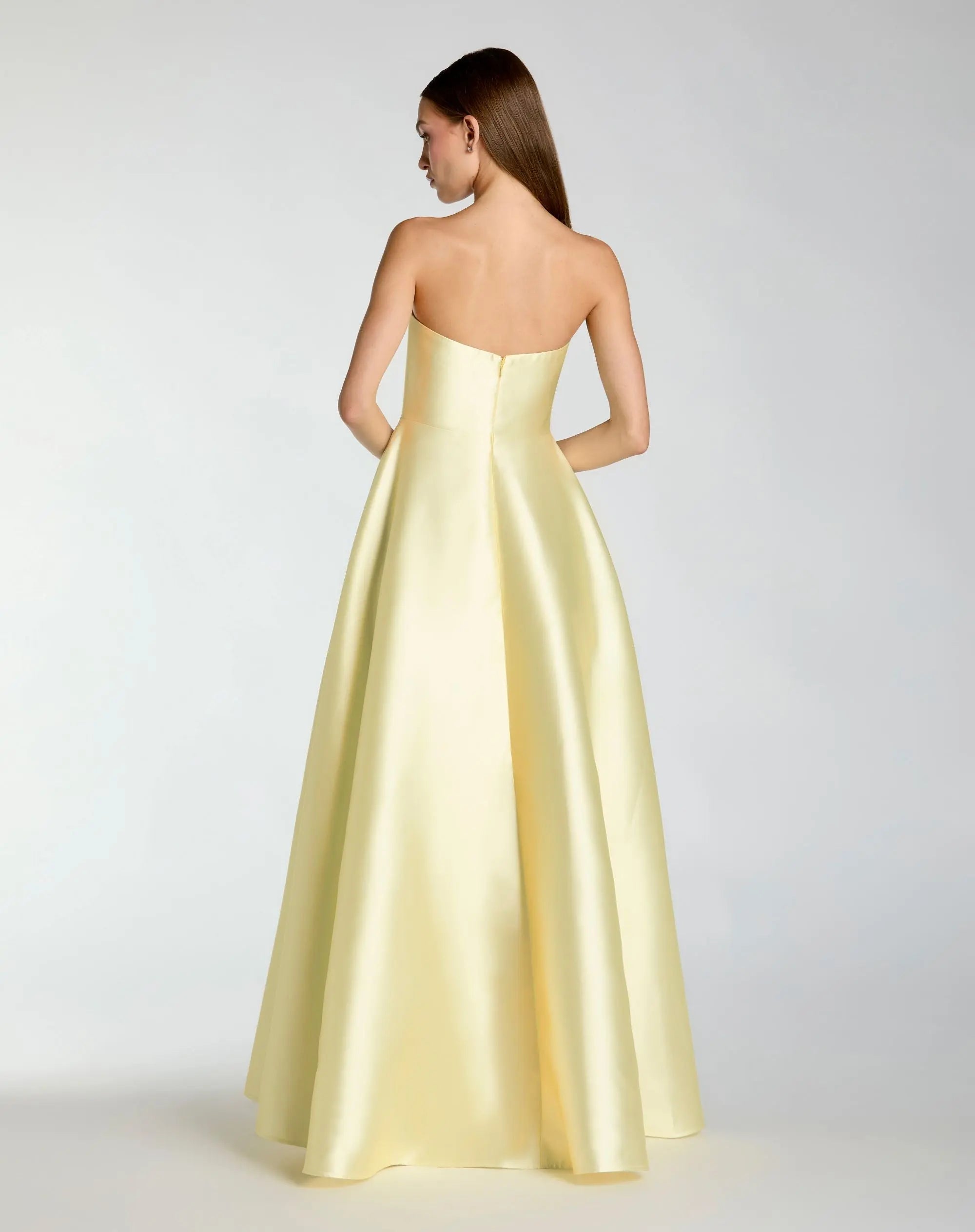 Yellow Strapless Mikado Ball Gown With Floral Print - Ieena for Mac Duggal