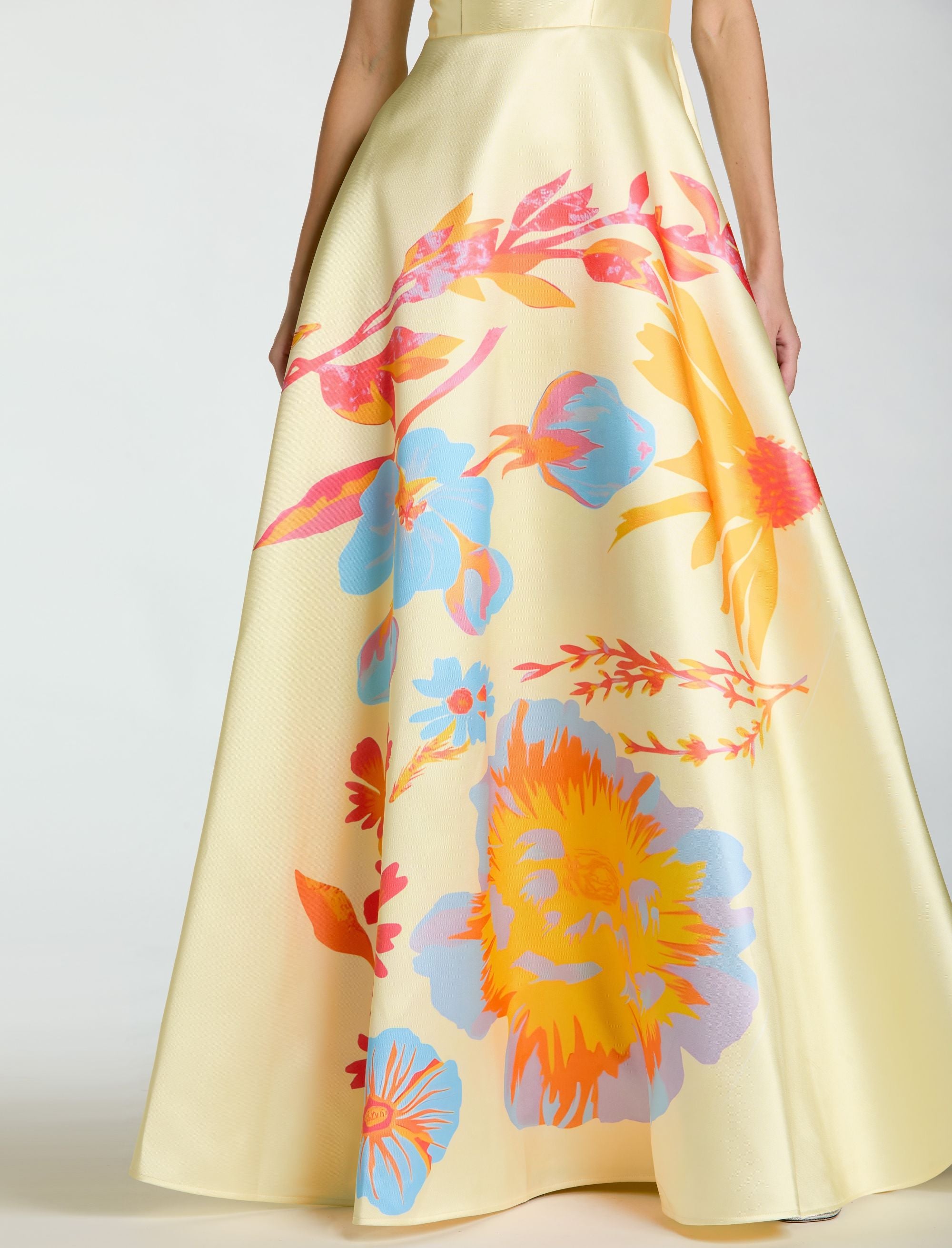 Yellow Strapless Mikado Ball Gown With Floral Print - Ieena for Mac Duggal