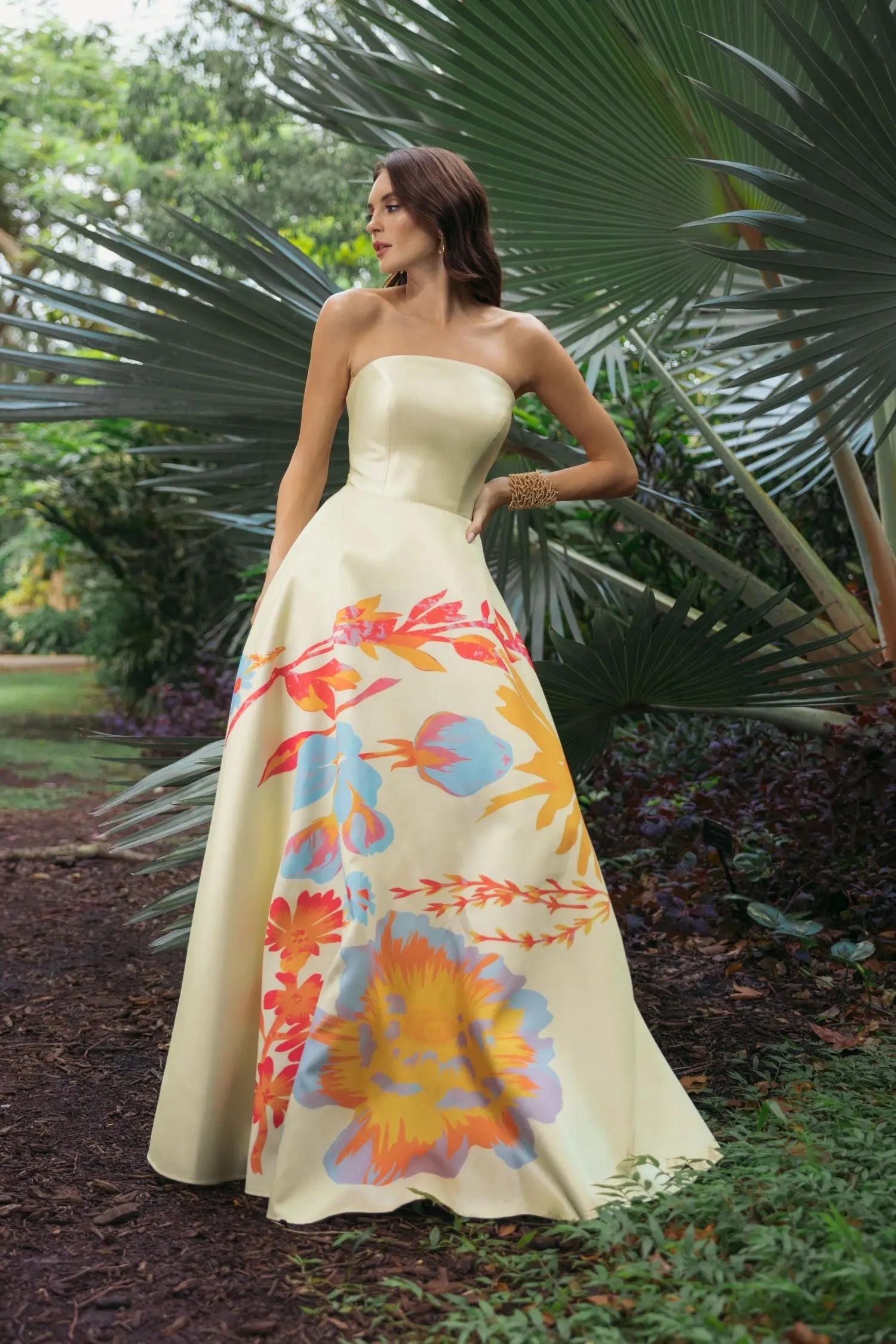 Yellow Strapless Mikado Ball Gown With Floral Print