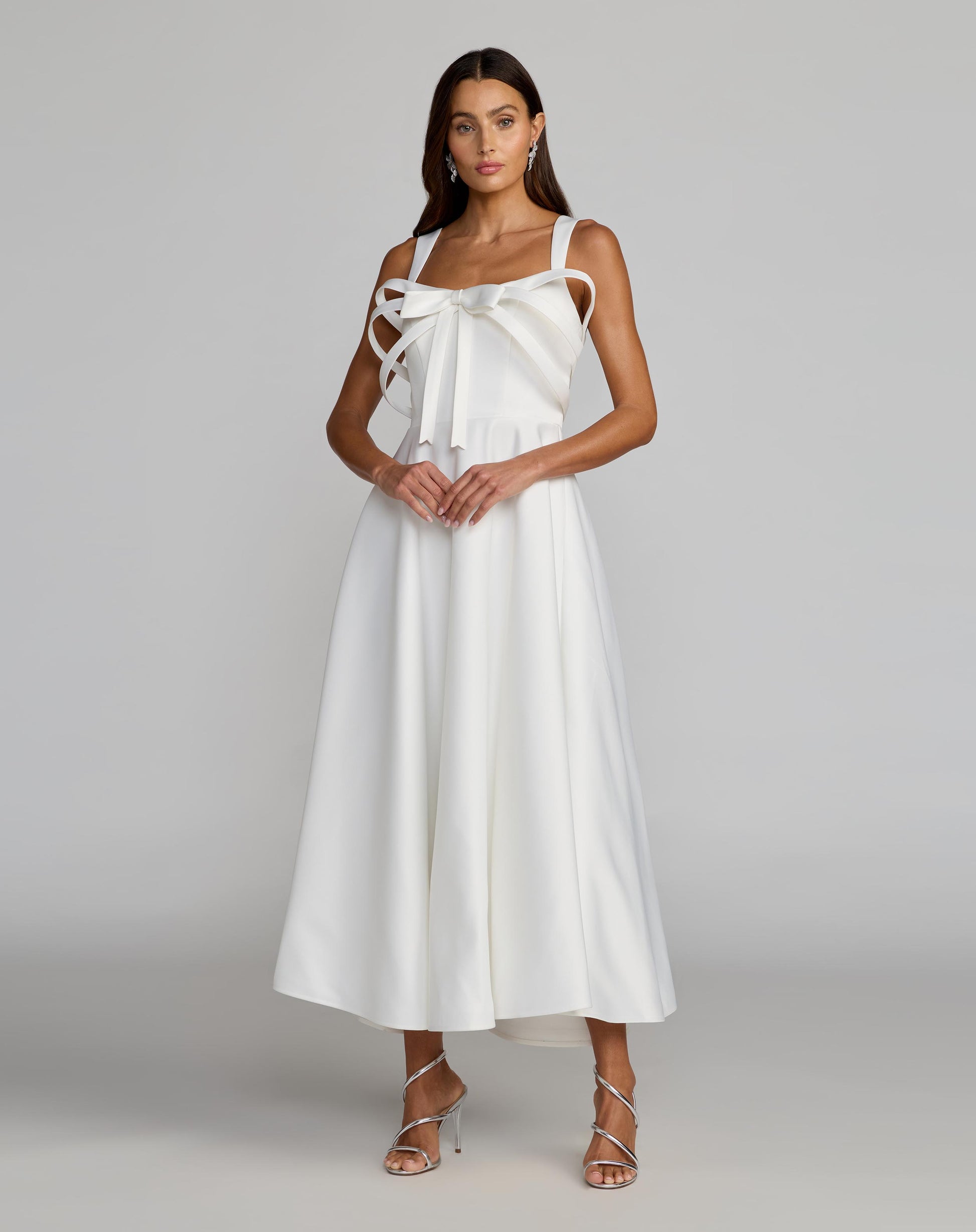 White Satin Sleeveless A Line Midi Dress With Bow - Ieena for Mac Duggal