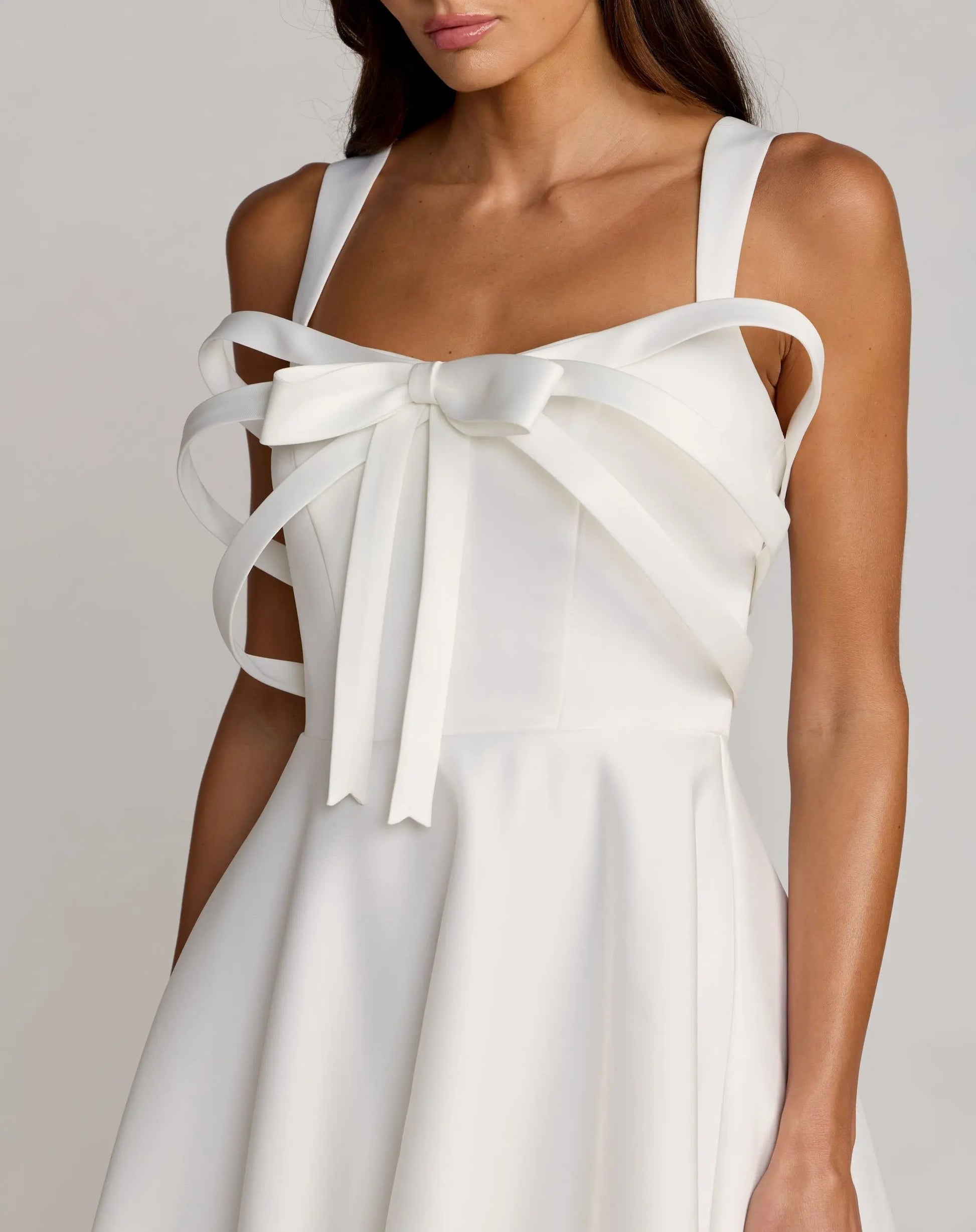 White Satin Sleeveless A Line Midi Dress With Bow | Mac Duggal White Satin Sleeveless A Line Midi Dress With Bow | Mac Duggal