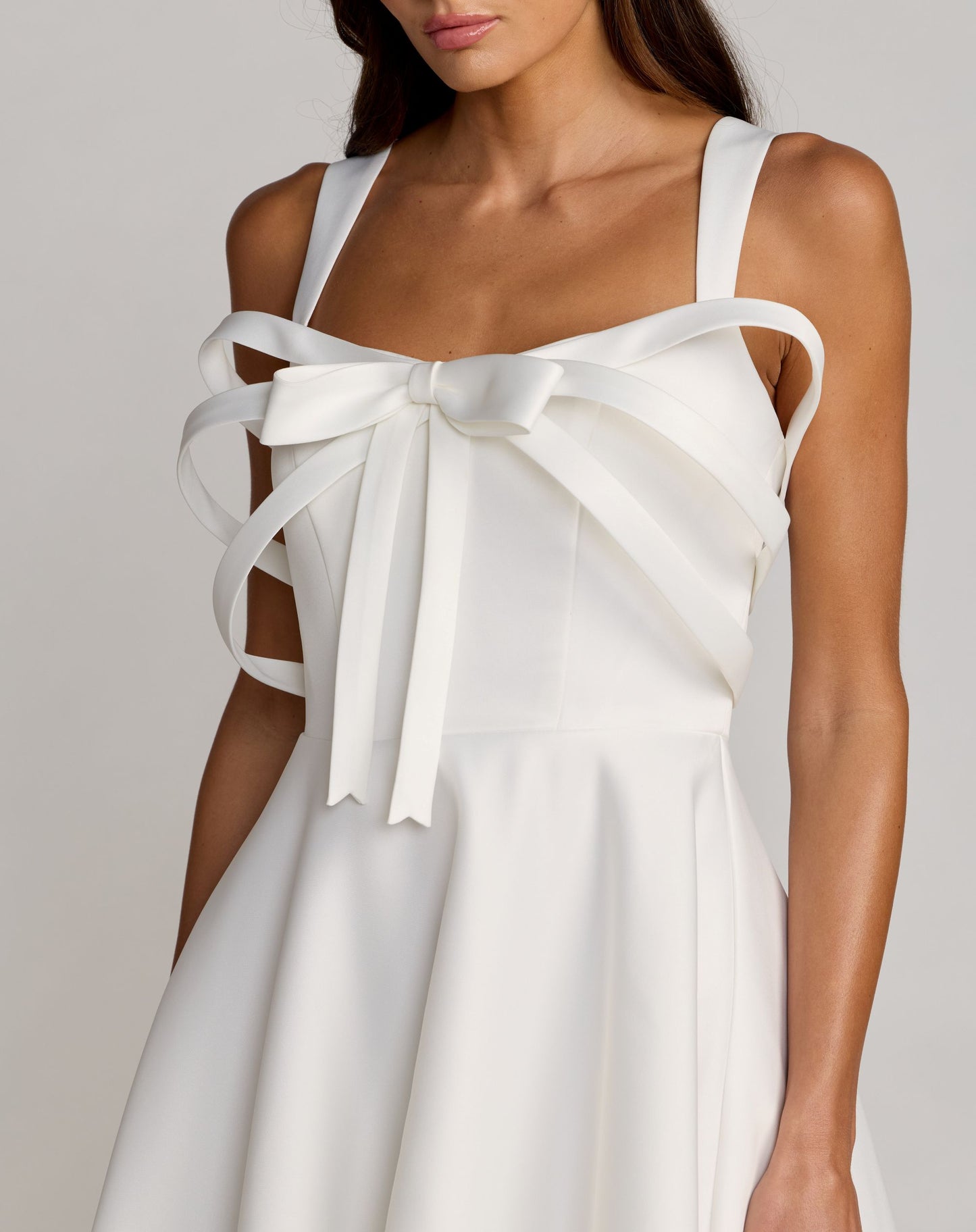 White Satin Sleeveless A Line Midi Dress With Bow - Ieena for Mac Duggal