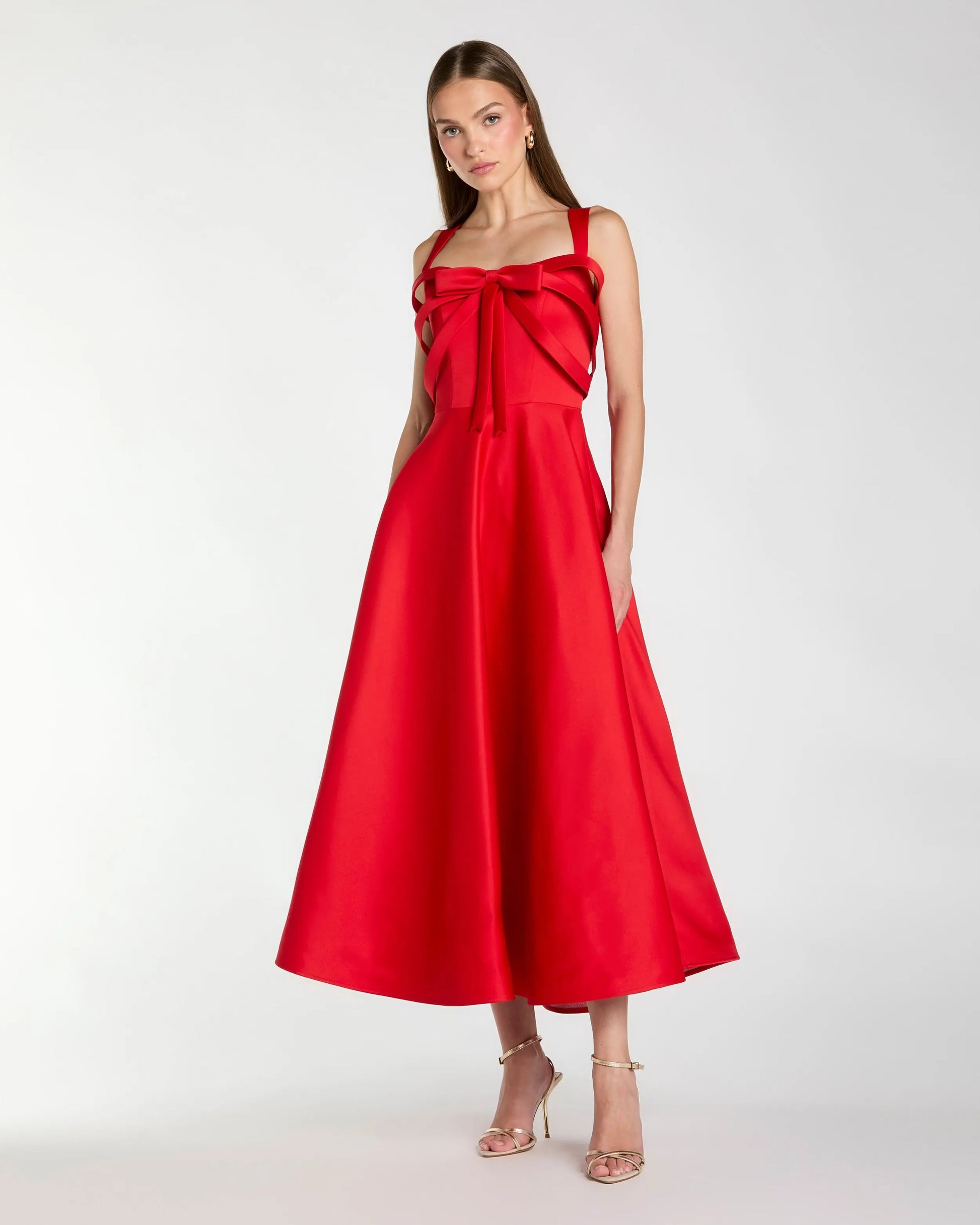 Red Satin Sleeveless A Line Midi Dress With Bow | Mac Duggal Red Satin Sleeveless A Line Midi Dress With Bow | Mac Duggal