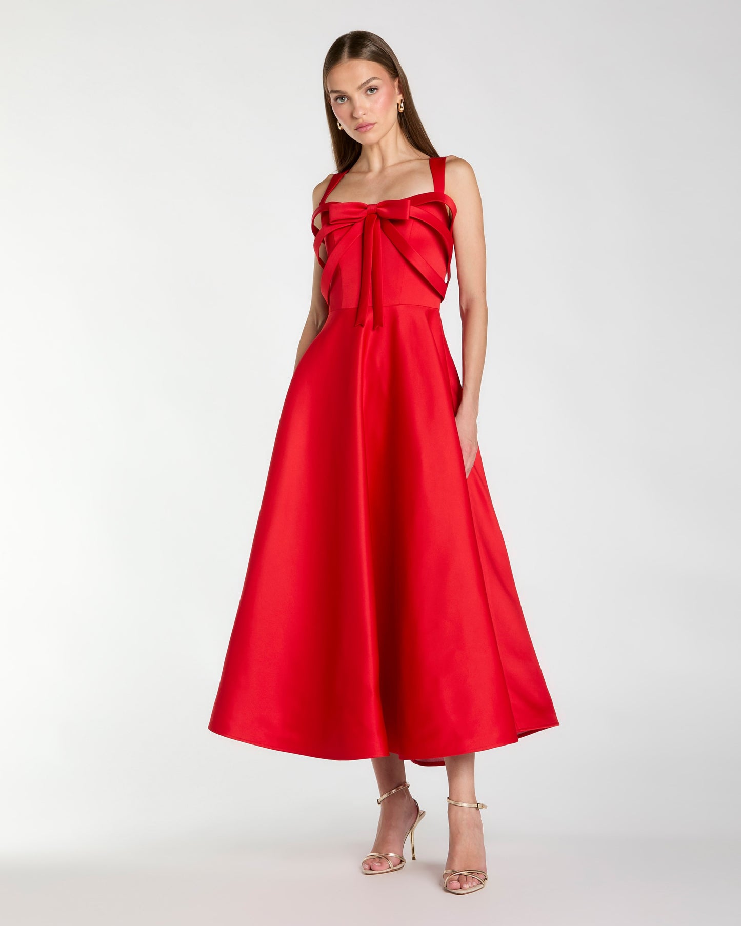 Red Satin Sleeveless A Line Midi Dress With Bow Ieena for Mac Duggal
