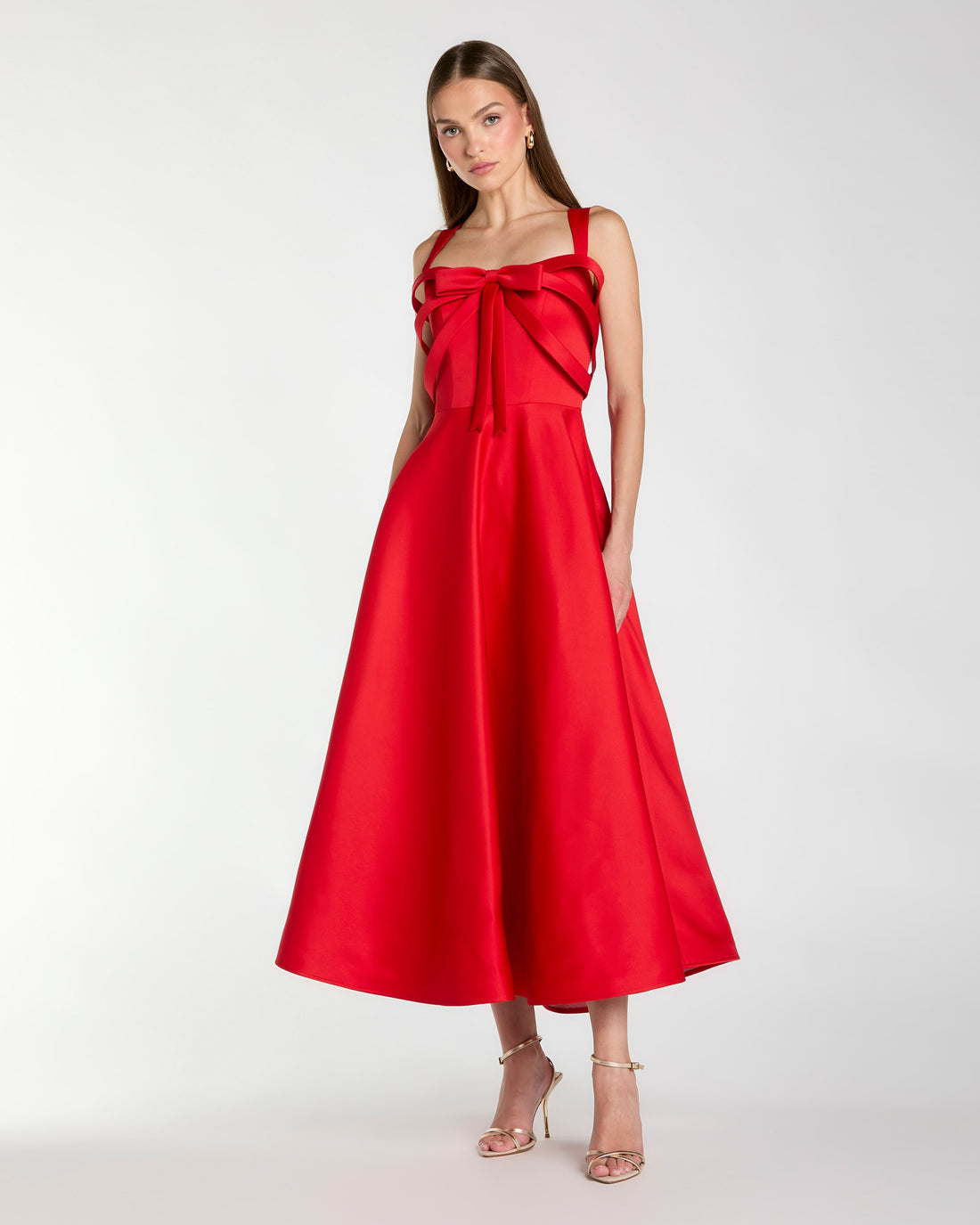 Red Satin Sleeveless A Line Midi Dress With Bow Ieena for Mac Duggal