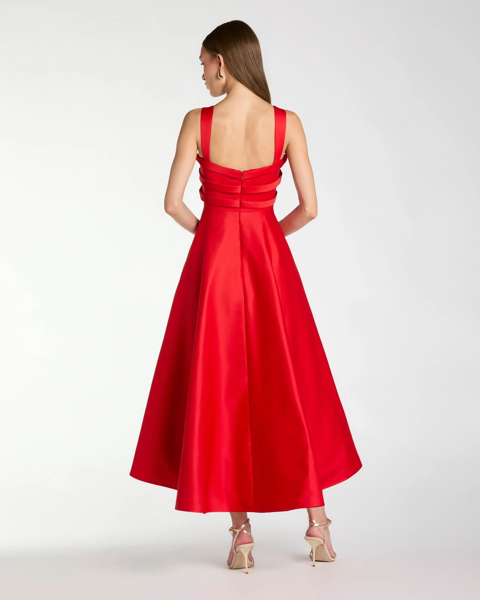 Red Satin Sleeveless A Line Midi Dress With Bow | Mac Duggal Red Satin Sleeveless A Line Midi Dress With Bow | Mac Duggal