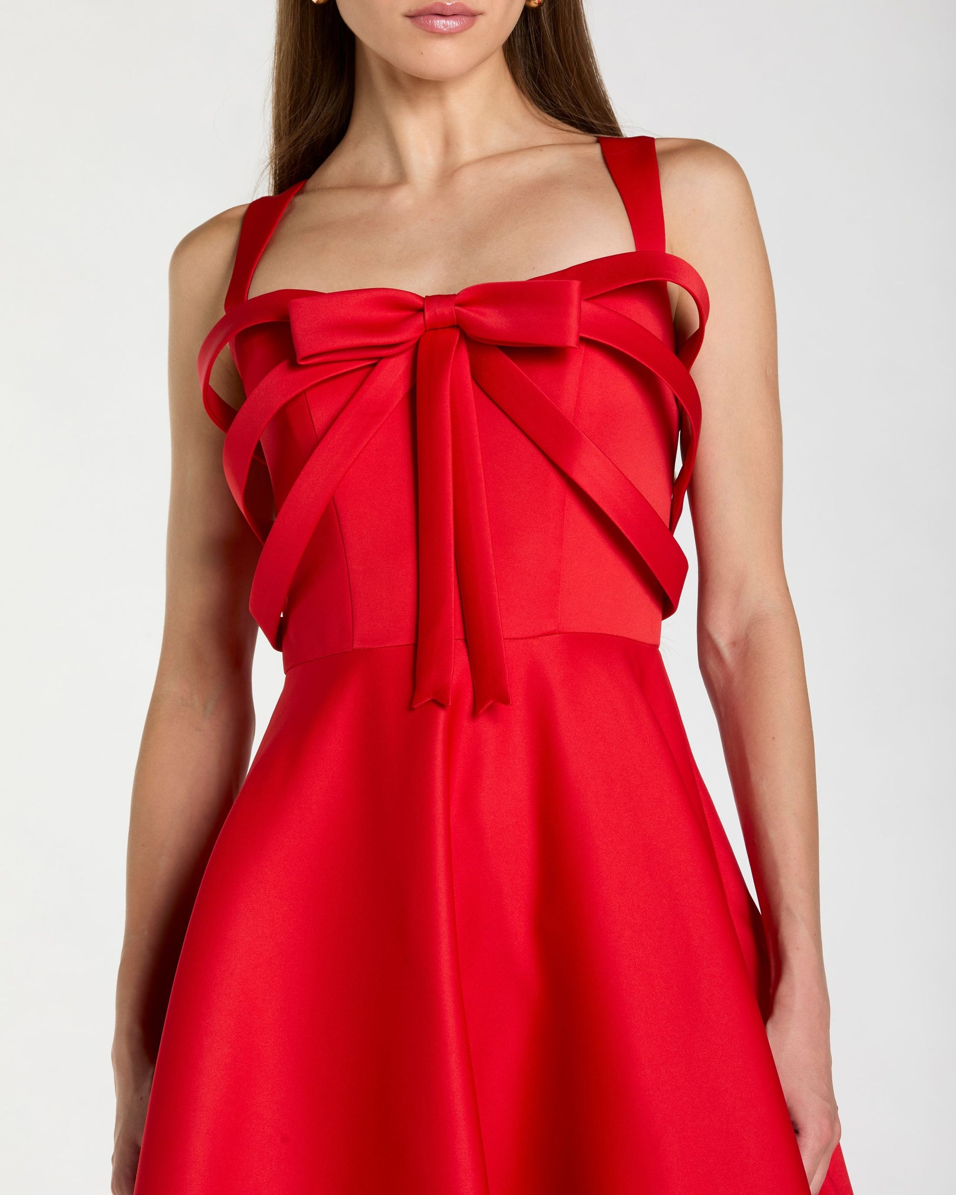 Red Satin Sleeveless A Line Midi Dress With Bow Ieena for Mac Duggal