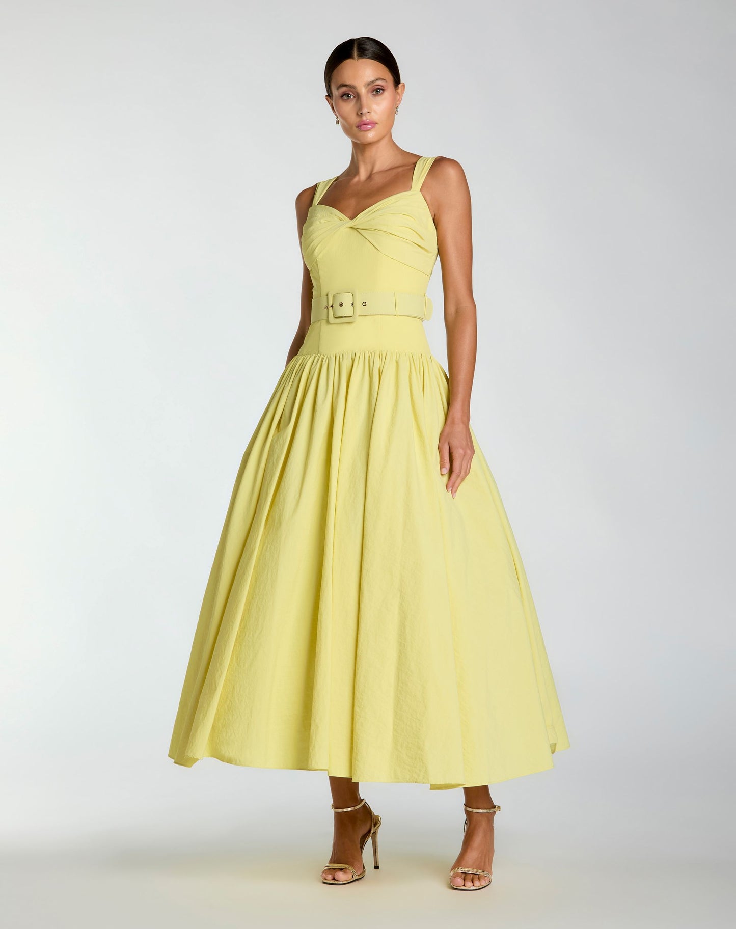 Yellow Sleeveless Faille A-Line Midi Dress With Belt  - Ieena for Mac Duggal