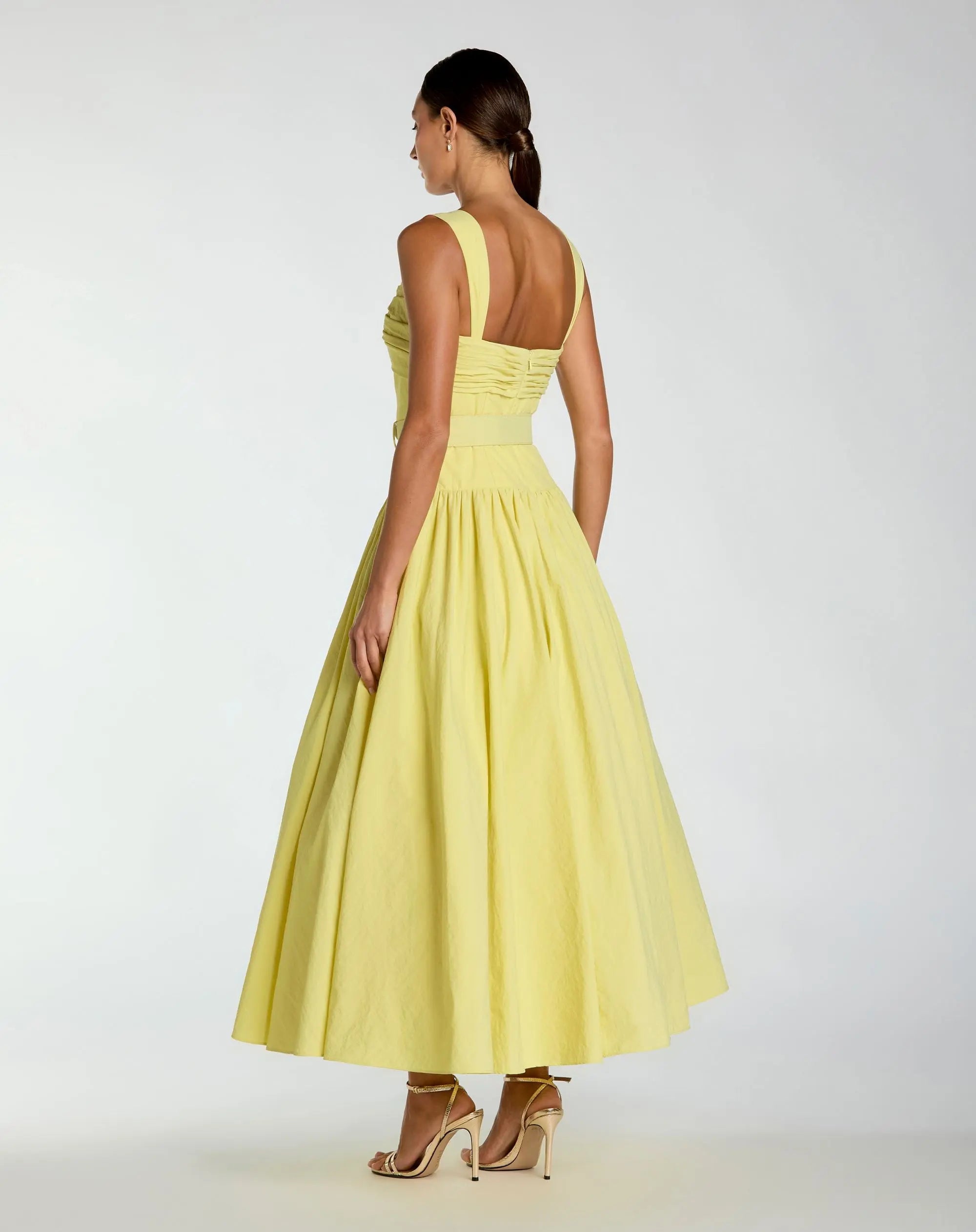 Yellow Sleeveless Faille A-Line Midi Dress With Belt  - Ieena for Mac Duggal