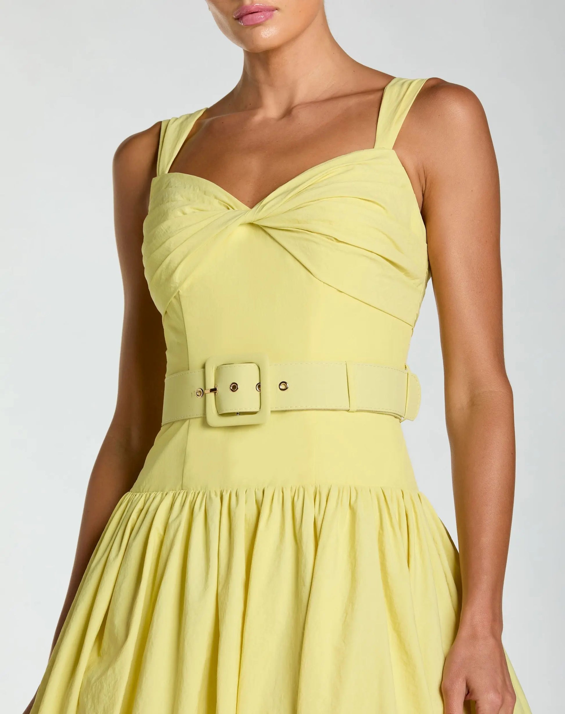 Yellow Sleeveless Faille A-Line Midi Dress With Belt | Mac Duggal Yellow Sleeveless Faille A-Line Midi Dress With Belt | Mac Duggal