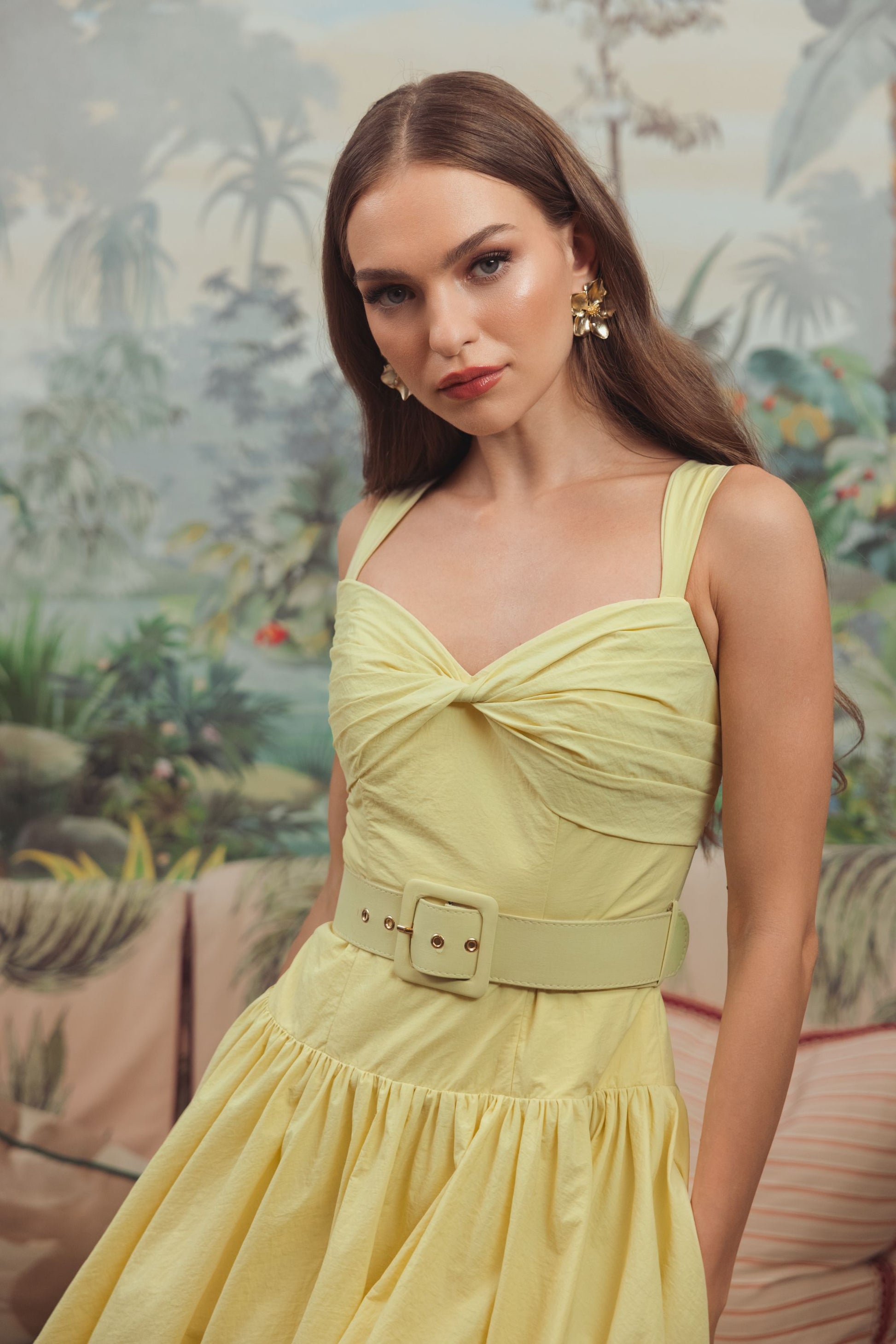 Yellow Sleeveless Faille A-Line Midi Dress With Belt  - Ieena for Mac Duggal
