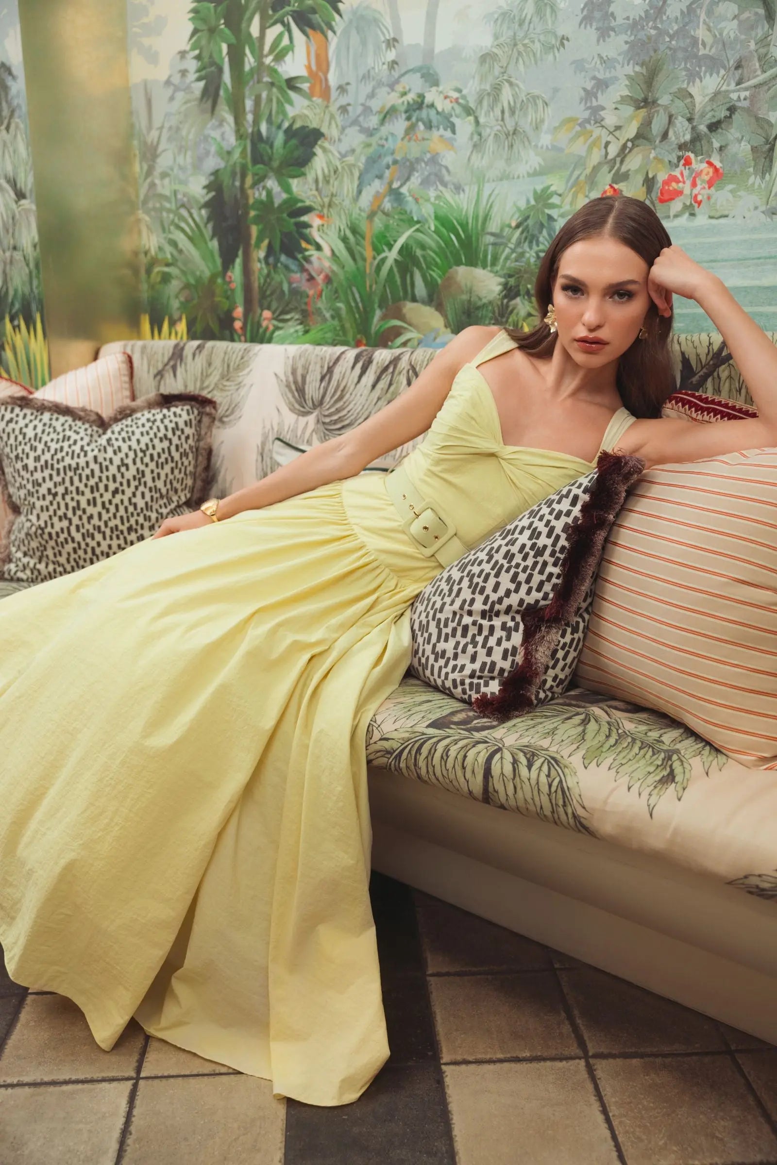 Yellow Sleeveless Faille A-Line Midi Dress With Belt | Mac Duggal Yellow Sleeveless Faille A-Line Midi Dress With Belt | Mac Duggal