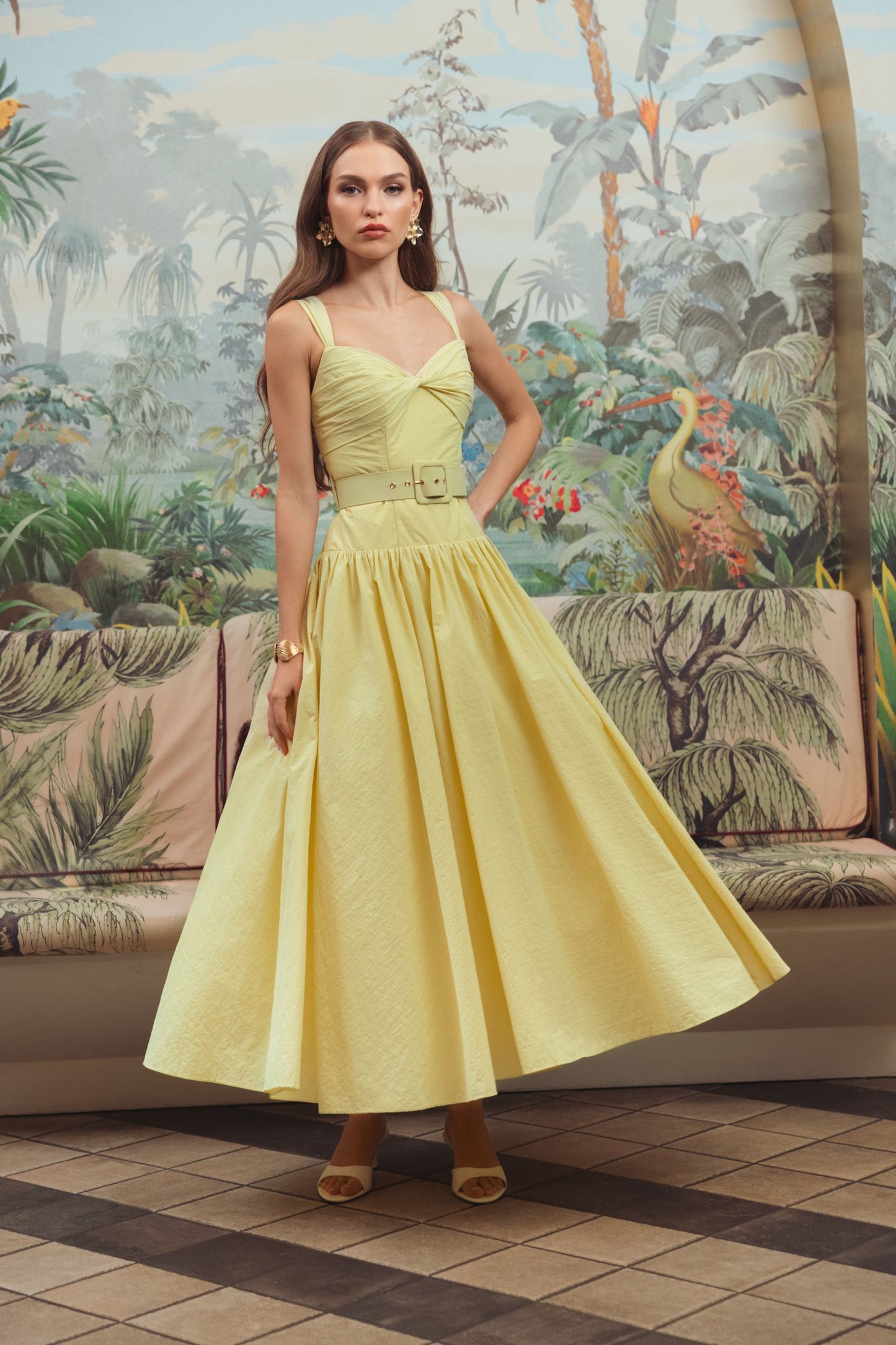 Yellow Sleeveless Faille A-Line Midi Dress With Belt  - Ieena for Mac Duggal