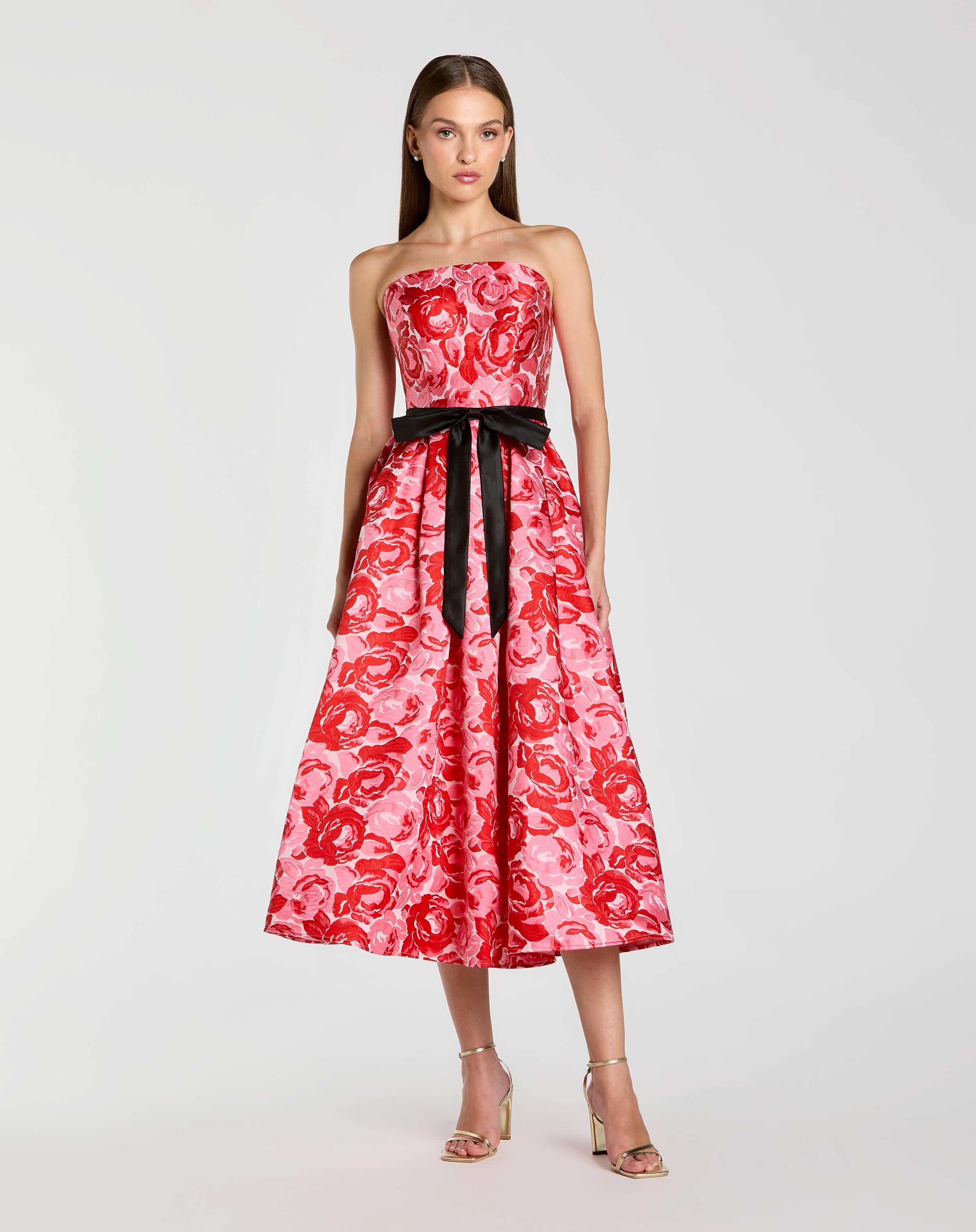 Red Strapless Brocade Midi Dress with Satin Bow Ieena for Mac Duggal