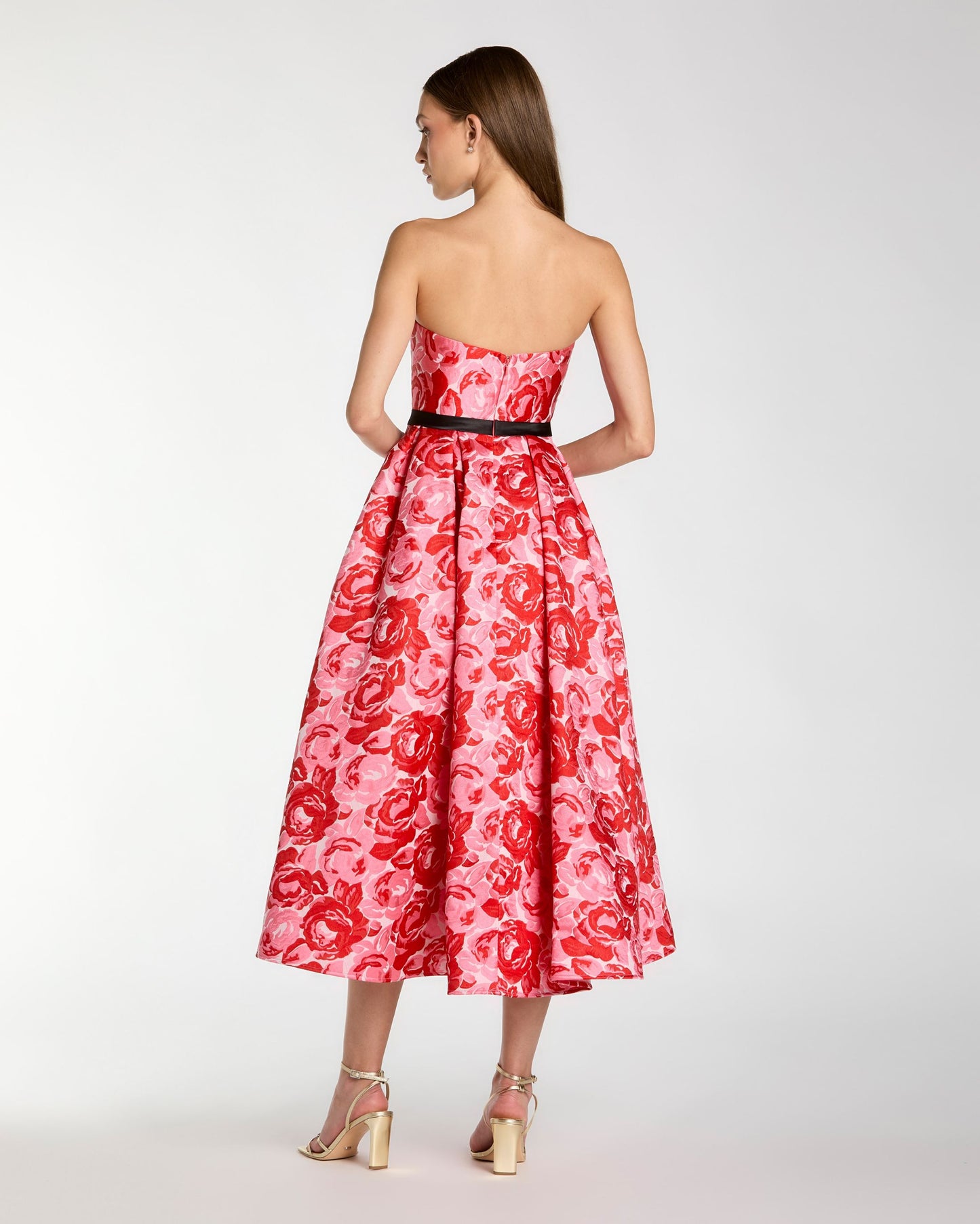 Red Strapless Brocade Midi Dress with Satin Bow Ieena for Mac Duggal