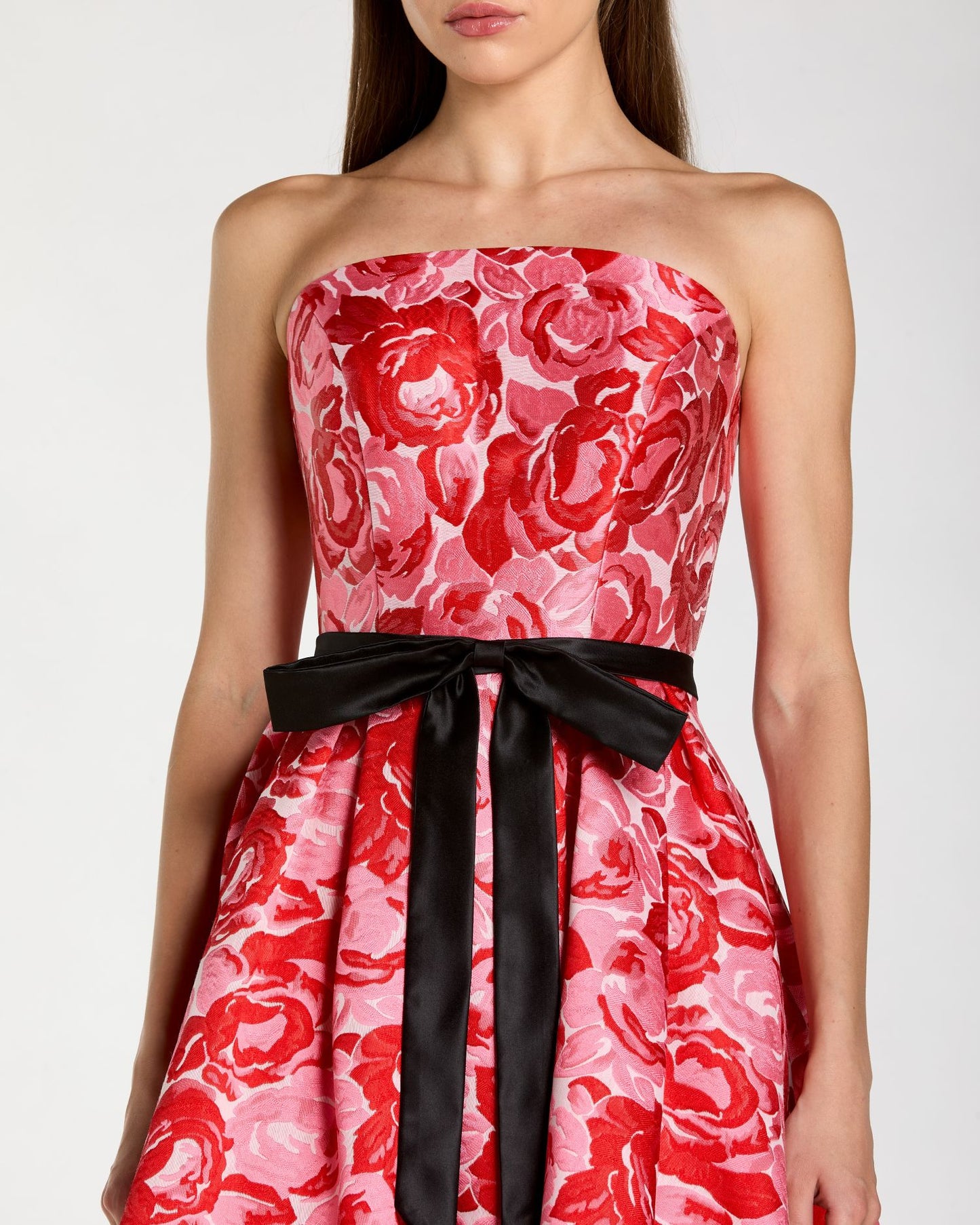 Red Strapless Brocade Midi Dress with Satin Bow Ieena for Mac Duggal