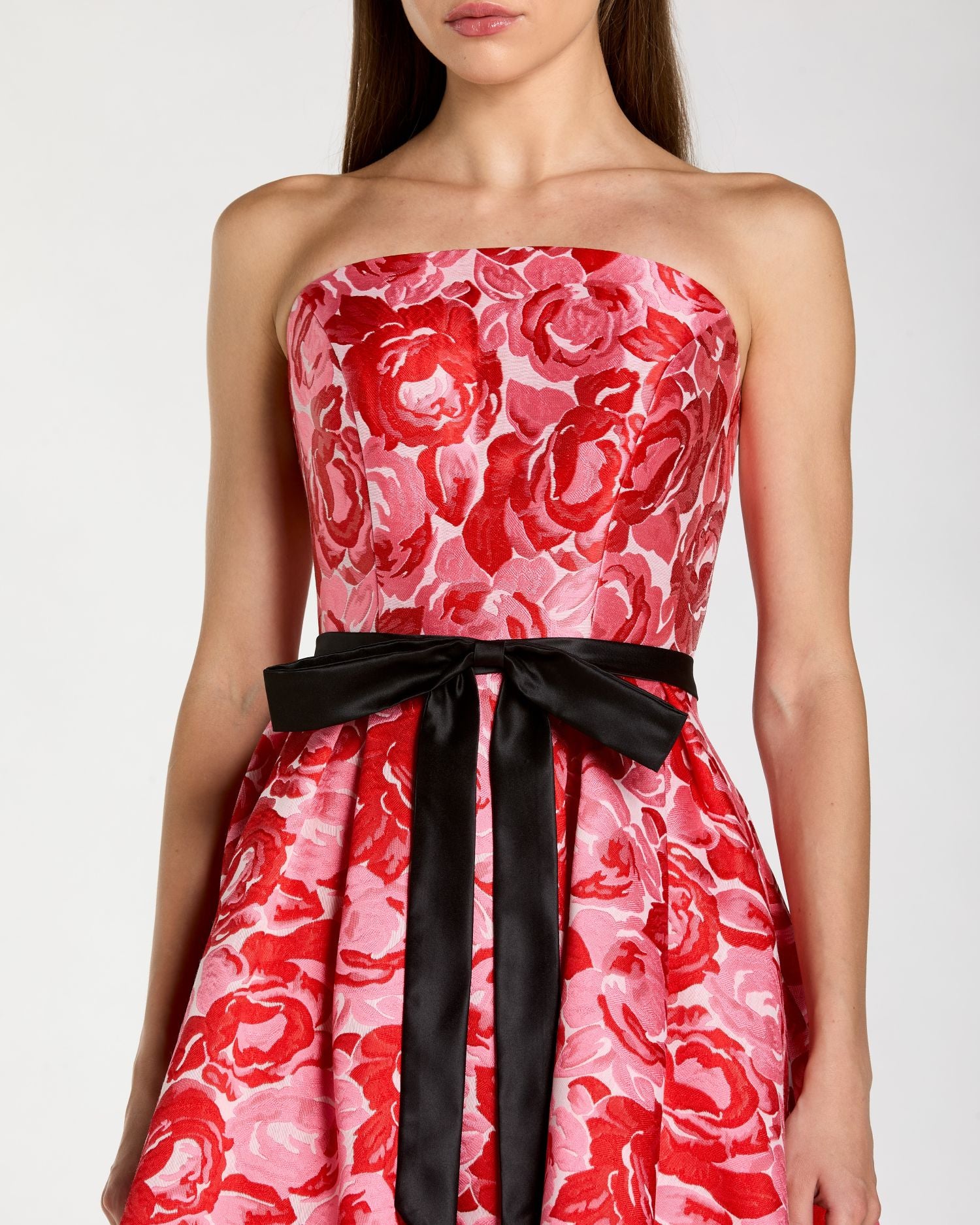 Red Strapless Brocade Midi Dress with Satin Bow Ieena for Mac Duggal
