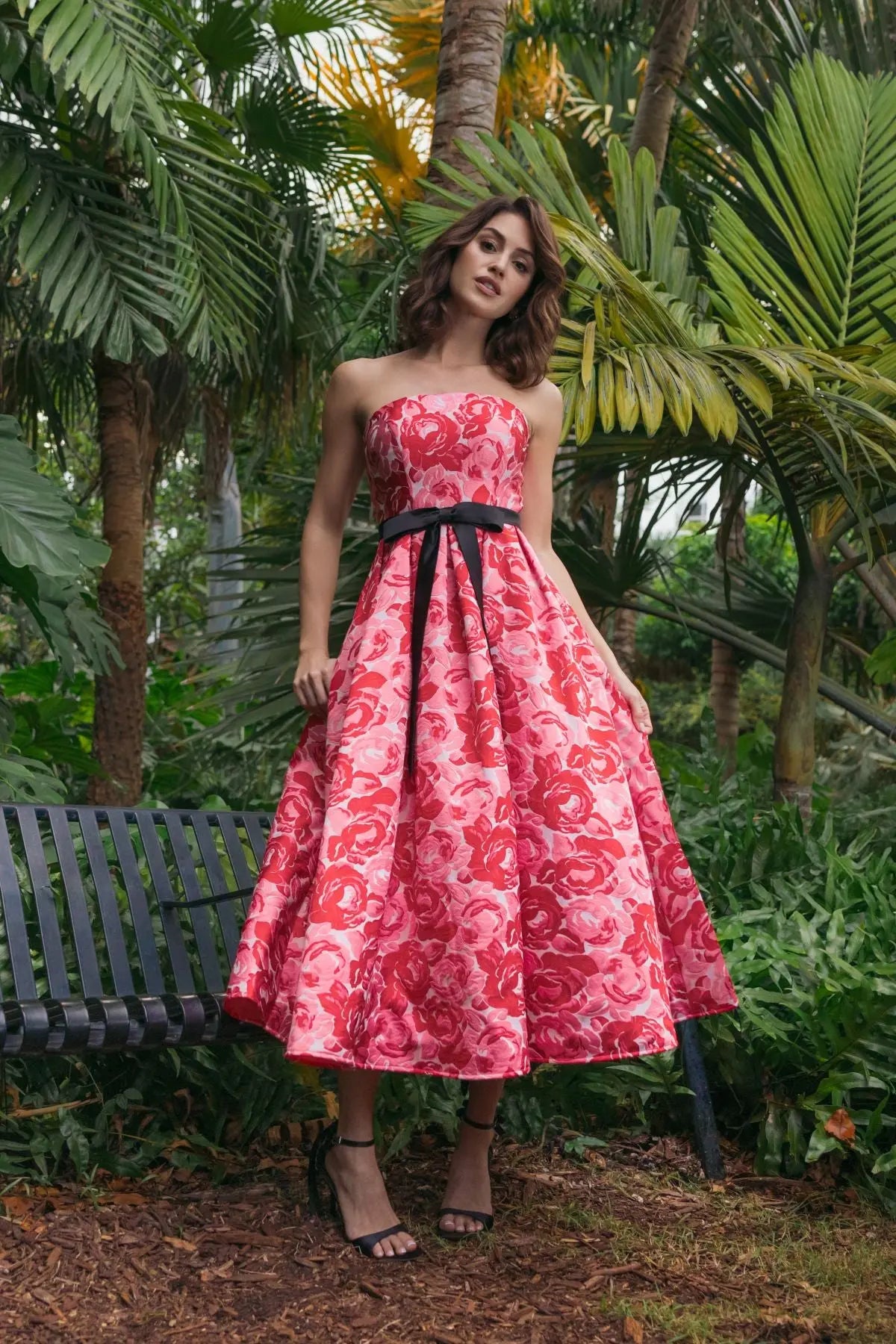 Ieena for Mac Duggal - Red Strapless Brocade Midi Dress With Satin Bow Ieena for Mac Duggal - Red Strapless Brocade Midi Dress With Satin Bow