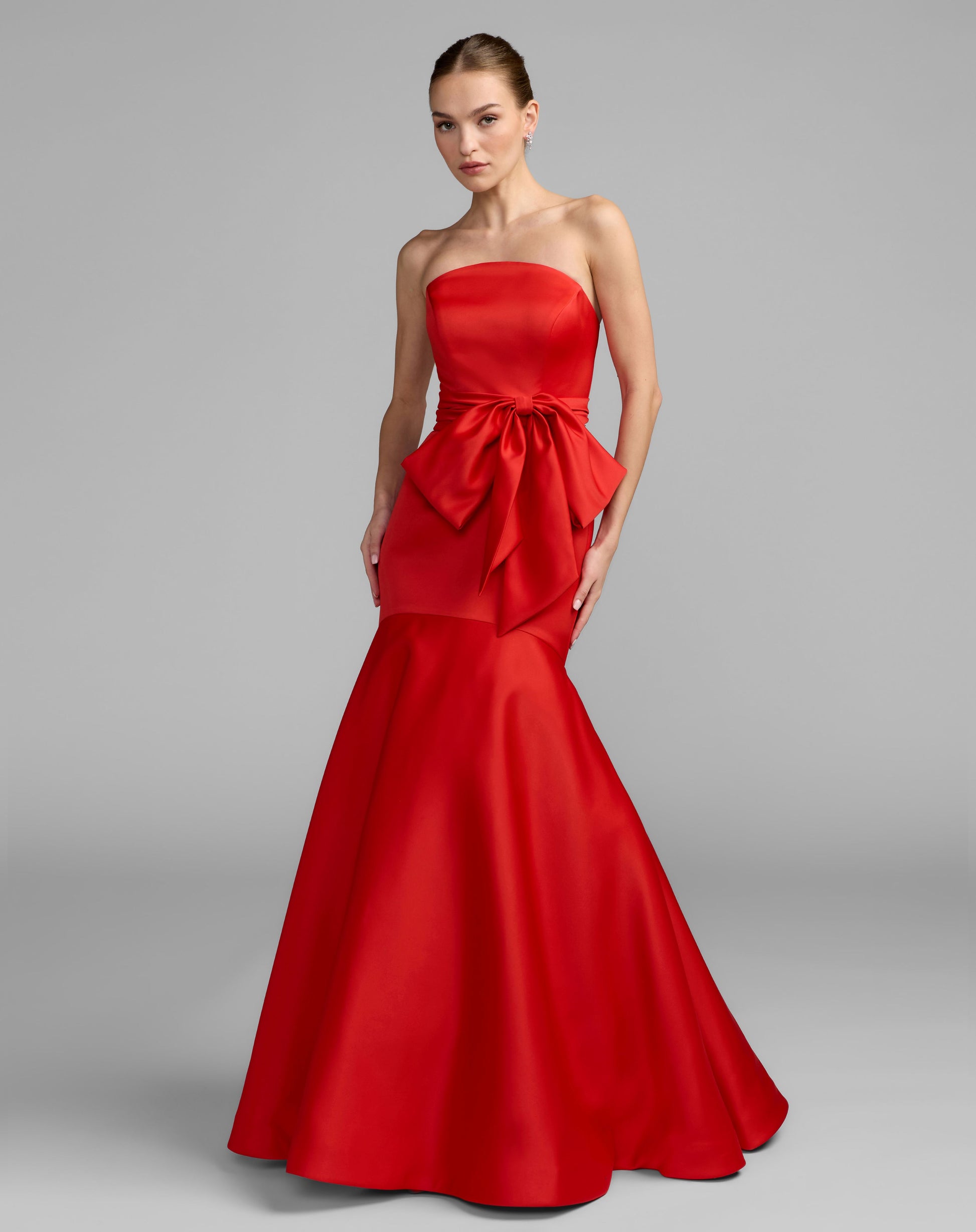 Red Strapless Satin Mermaid Gown with Oversize Bow - Mac Duggal