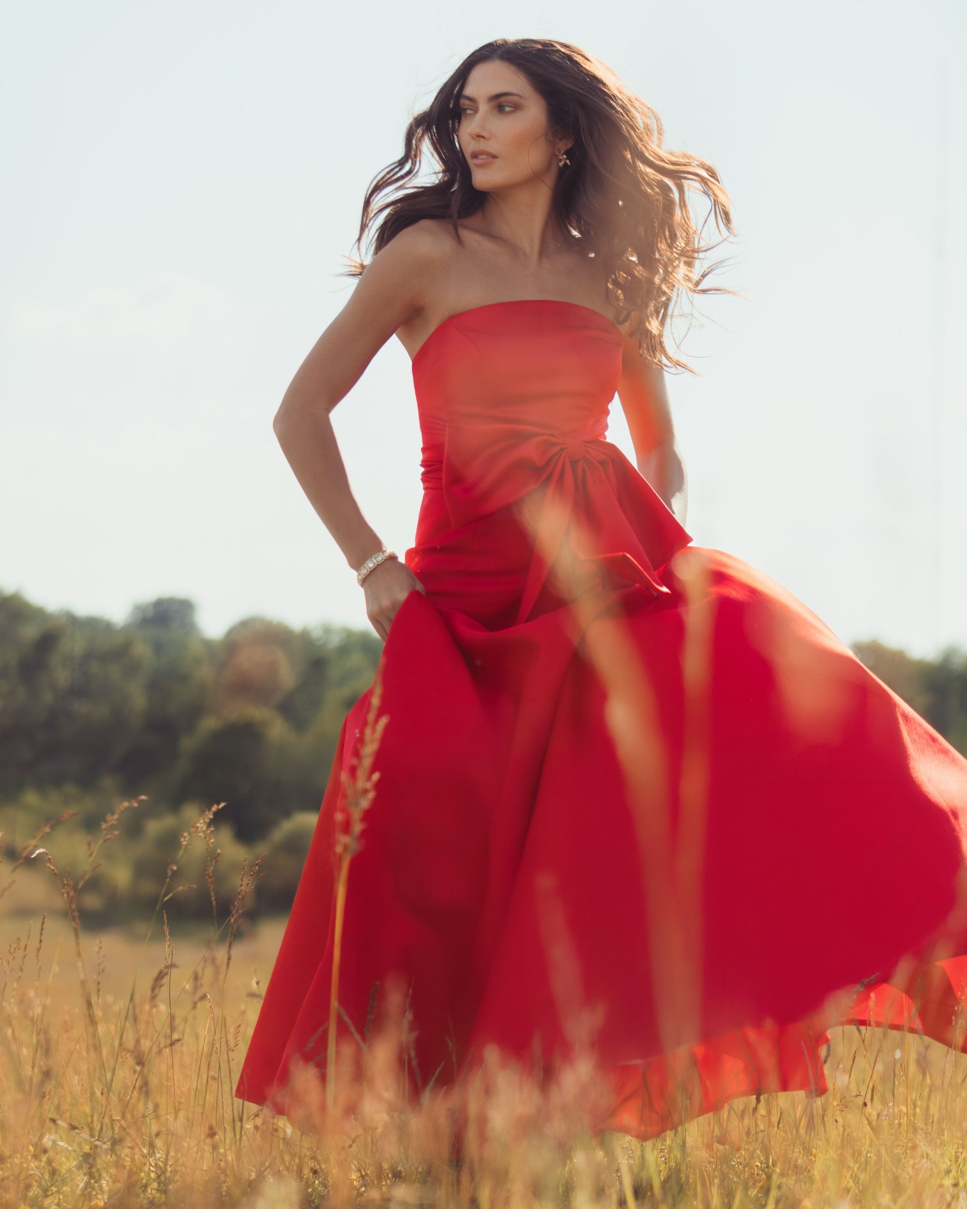 Red Strapless Satin Mermaid Gown with Oversize Bow - Mac Duggal