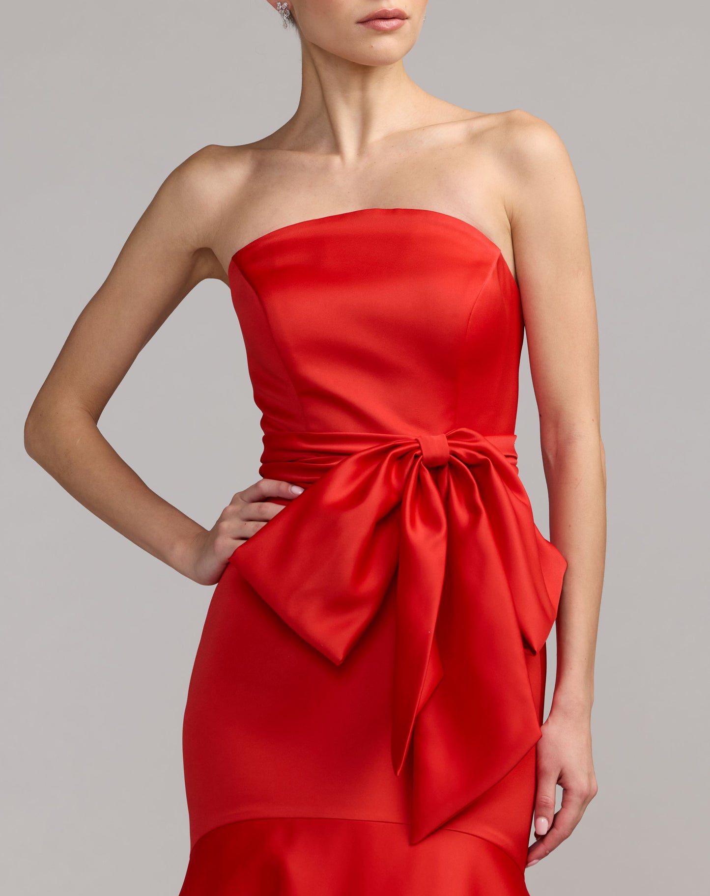 Red Strapless Satin Mermaid Gown with Oversize Bow - Mac Duggal