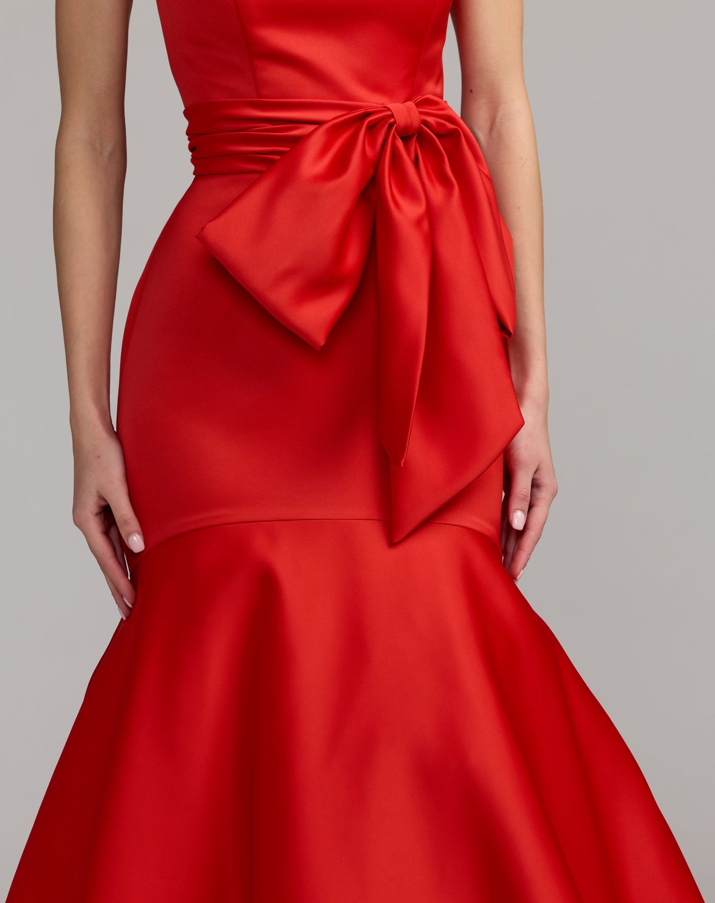 Red Strapless Satin Mermaid Gown with Oversize Bow - Mac Duggal