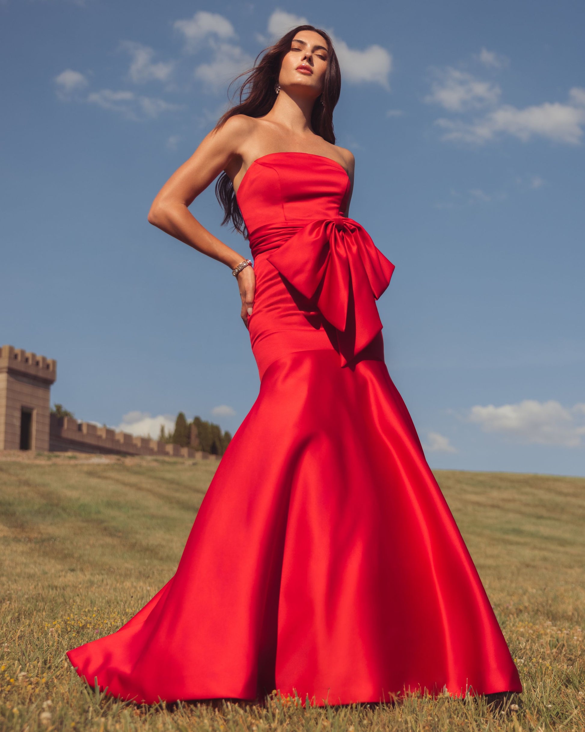 Red Strapless Satin Mermaid Gown with Oversize Bow - Mac Duggal