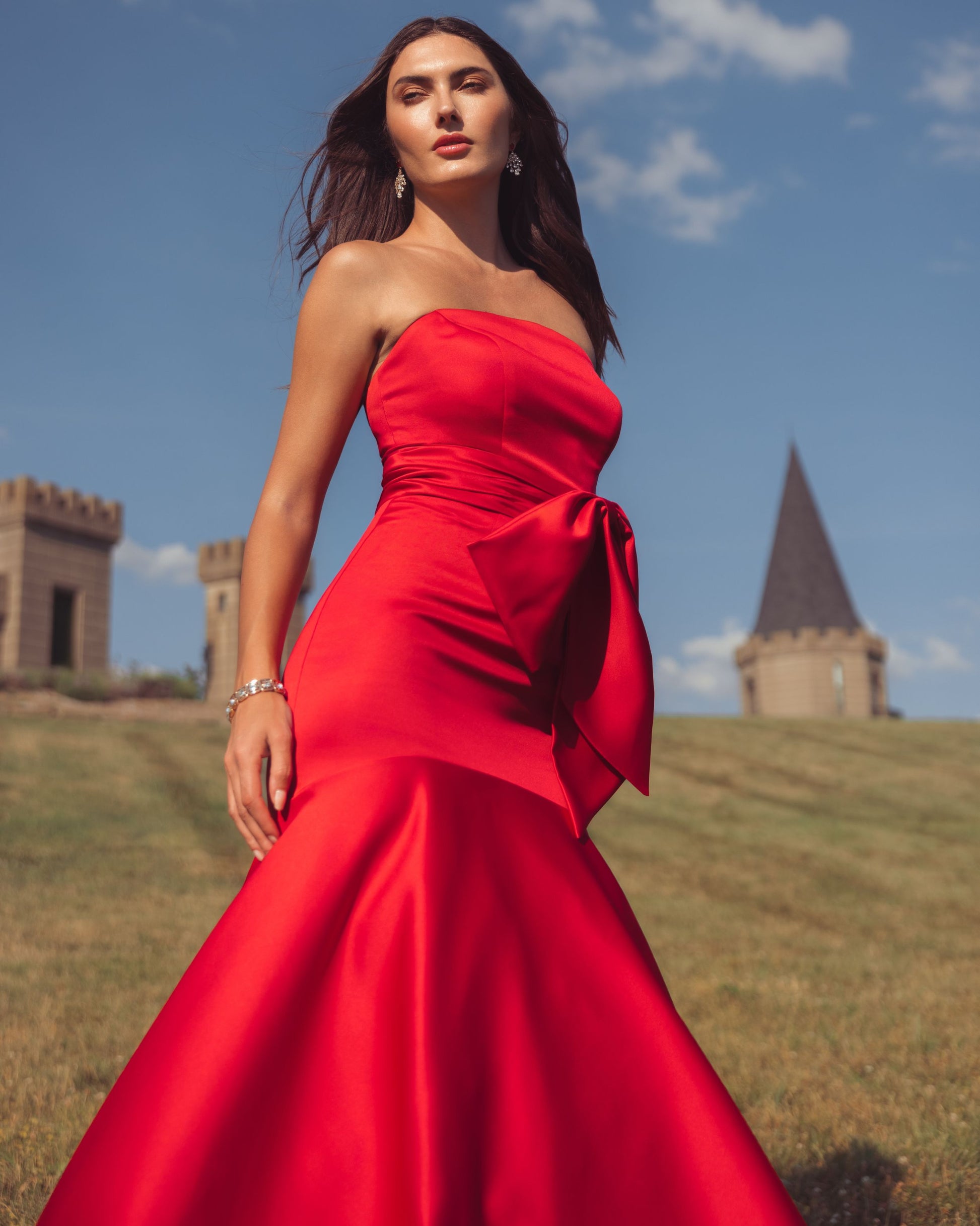 Red Strapless Satin Mermaid Gown with Oversize Bow - Mac Duggal
