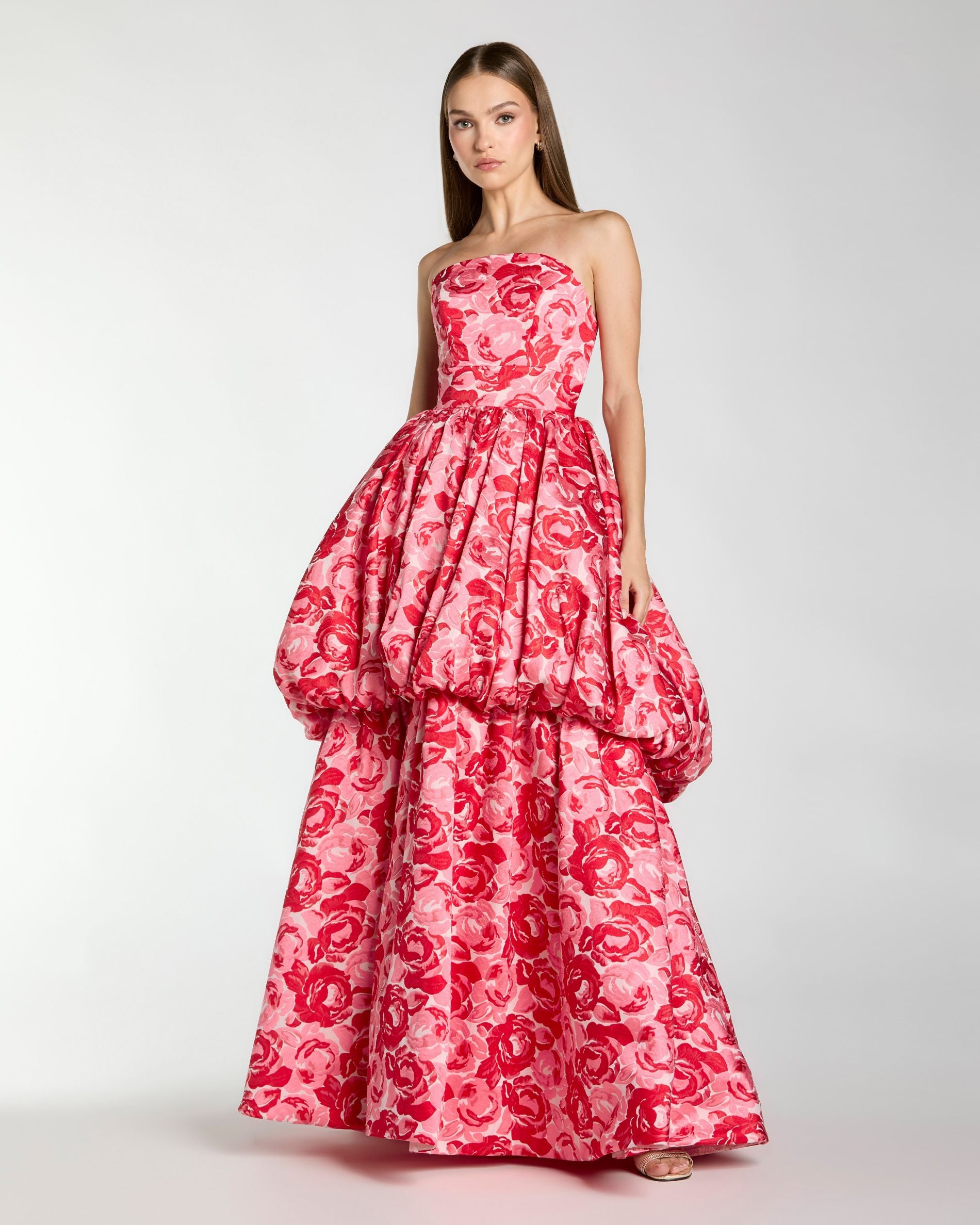 Pink Brocade Strapless Bubble Hem Ballgown Ieena for Mac Duggal