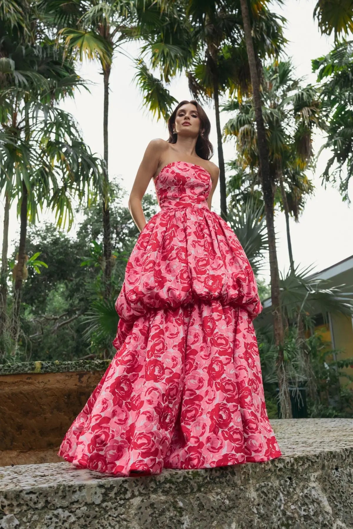 white christmas dresses Pink Brocade Strapless Bubble Hem Ball Gown