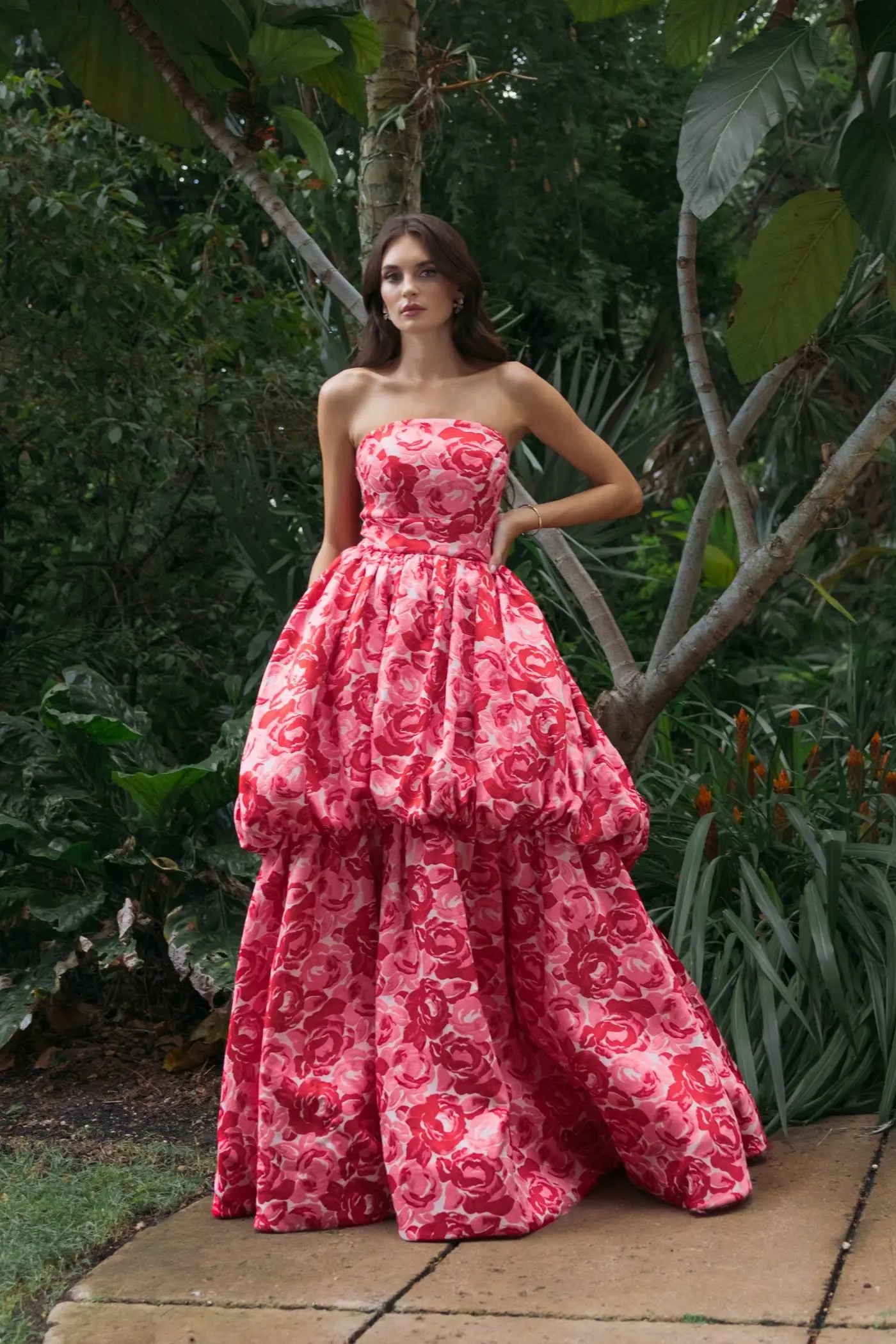 Pink Brocade Strapless Bubble Hem Ball Gown Pink Brocade Strapless Bubble Hem Ball Gown