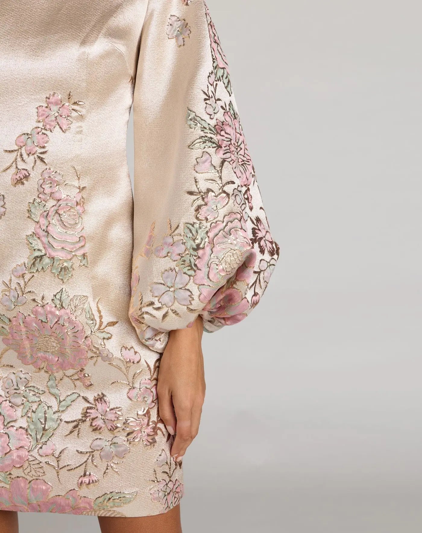Ivory Brocade High Neck Long Bishop Sleeve Mini Dress | Mac Duggal Ivory Brocade High Neck Long Bishop Sleeve Mini Dress | Mac Duggal
