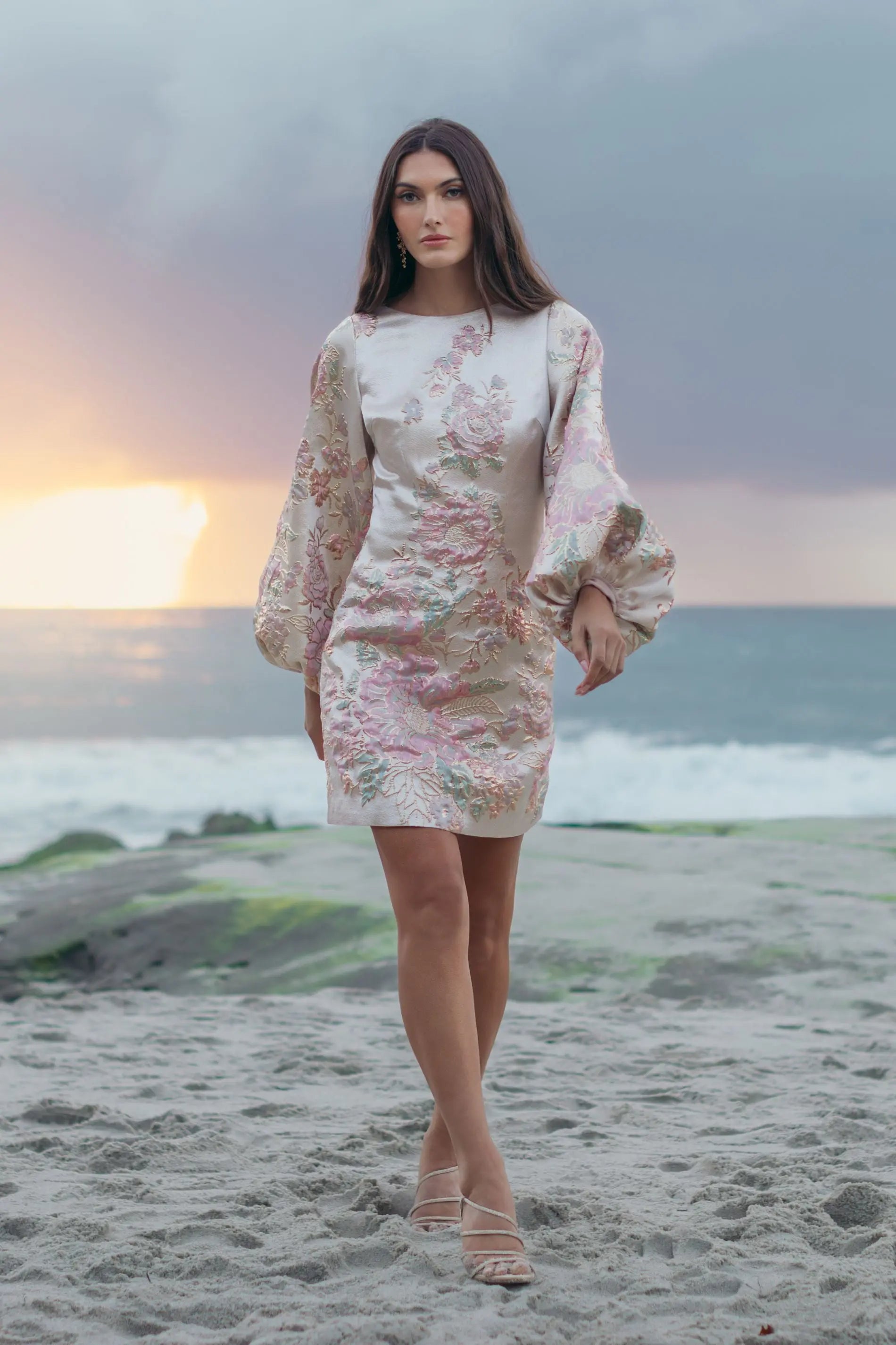 fitted lace wedding dress Ivory Brocade High Neck Long Bishop Sleeve Mini Dress