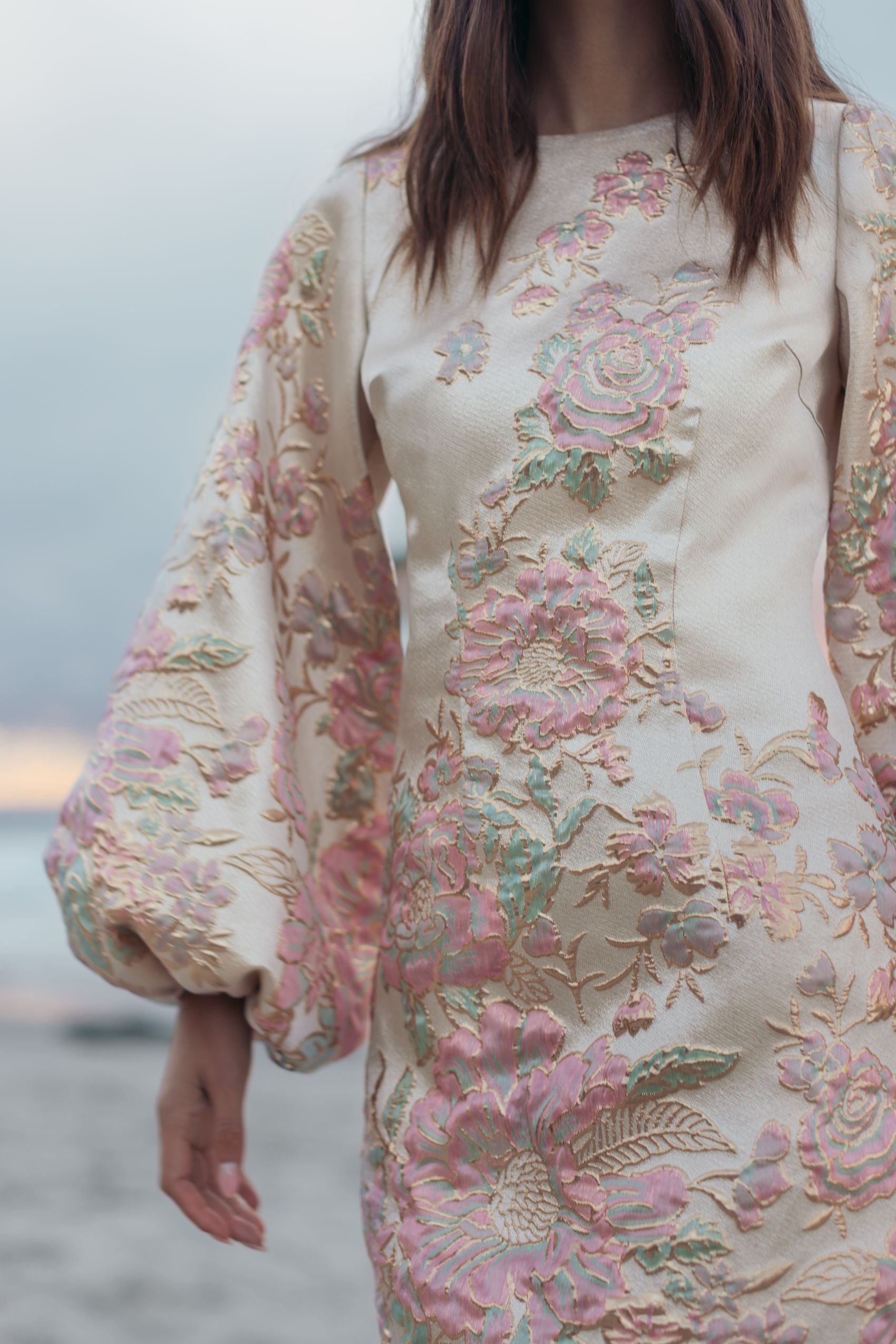 Ivory Brocade High Neck Long Sleeve Mini Dress - Mac Duggal