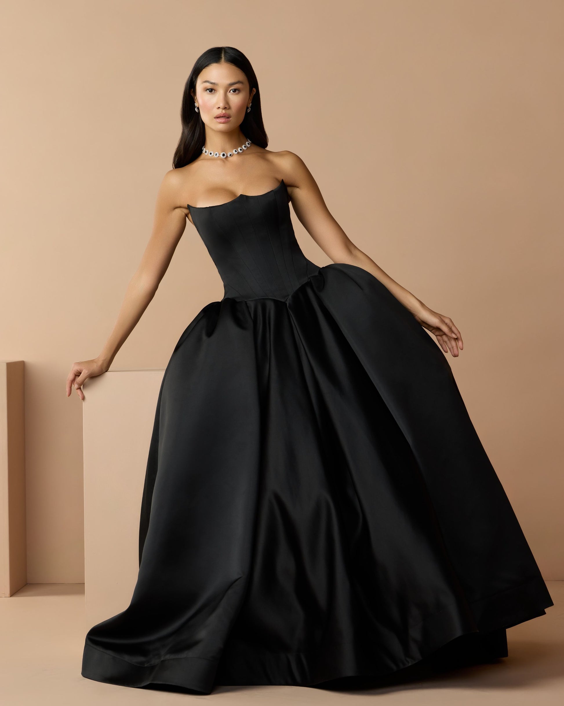 Black Strapless Satin Corset Ball Gown - Mac Duggal