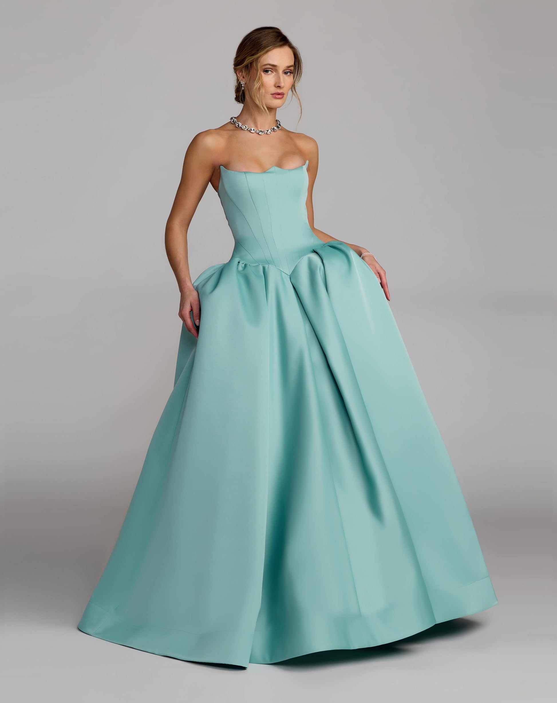 Blue Strapless Satin Corset Ball Gown Mac Duggal