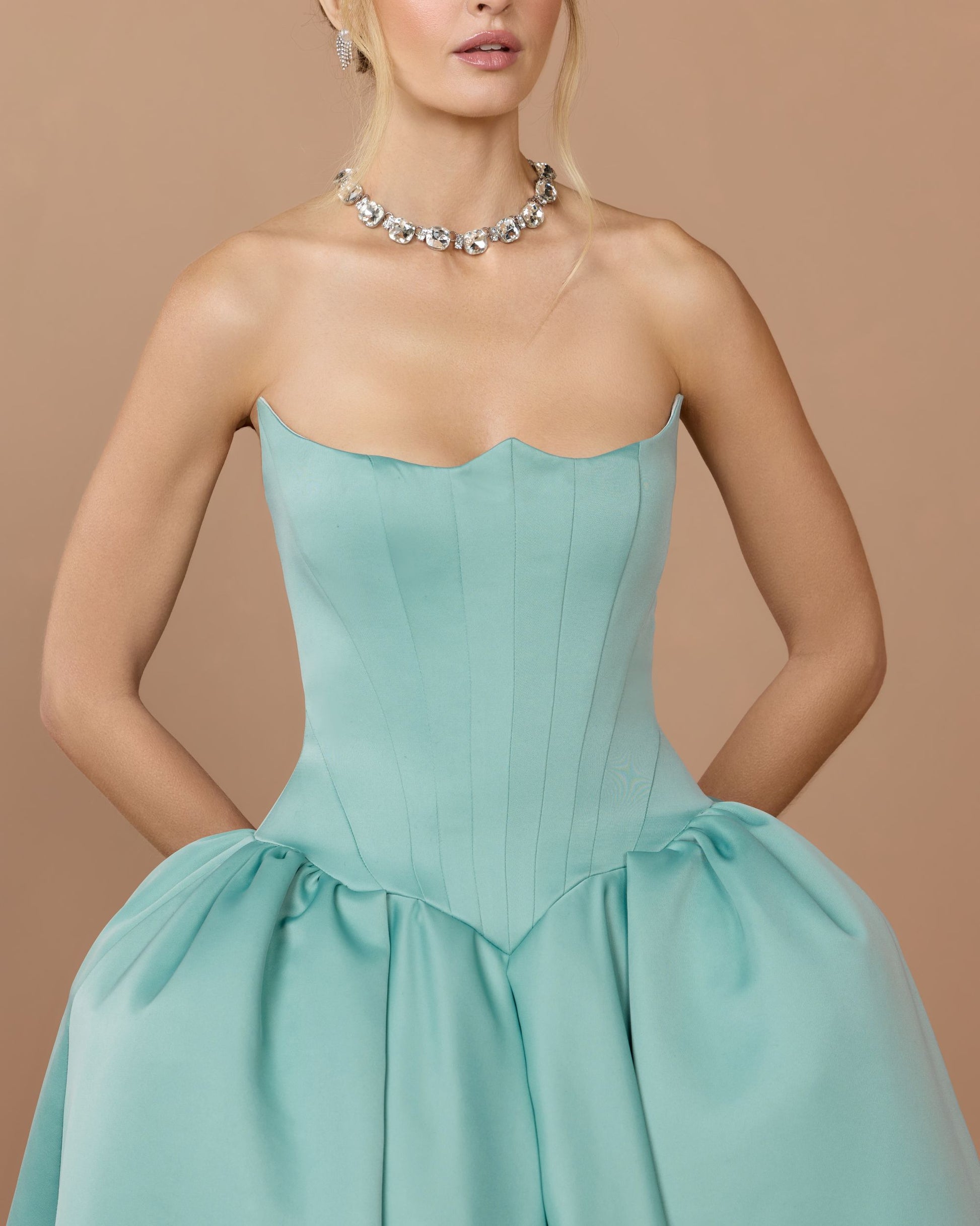 Blue Strapless Satin Corset Ball Gown Mac Duggal