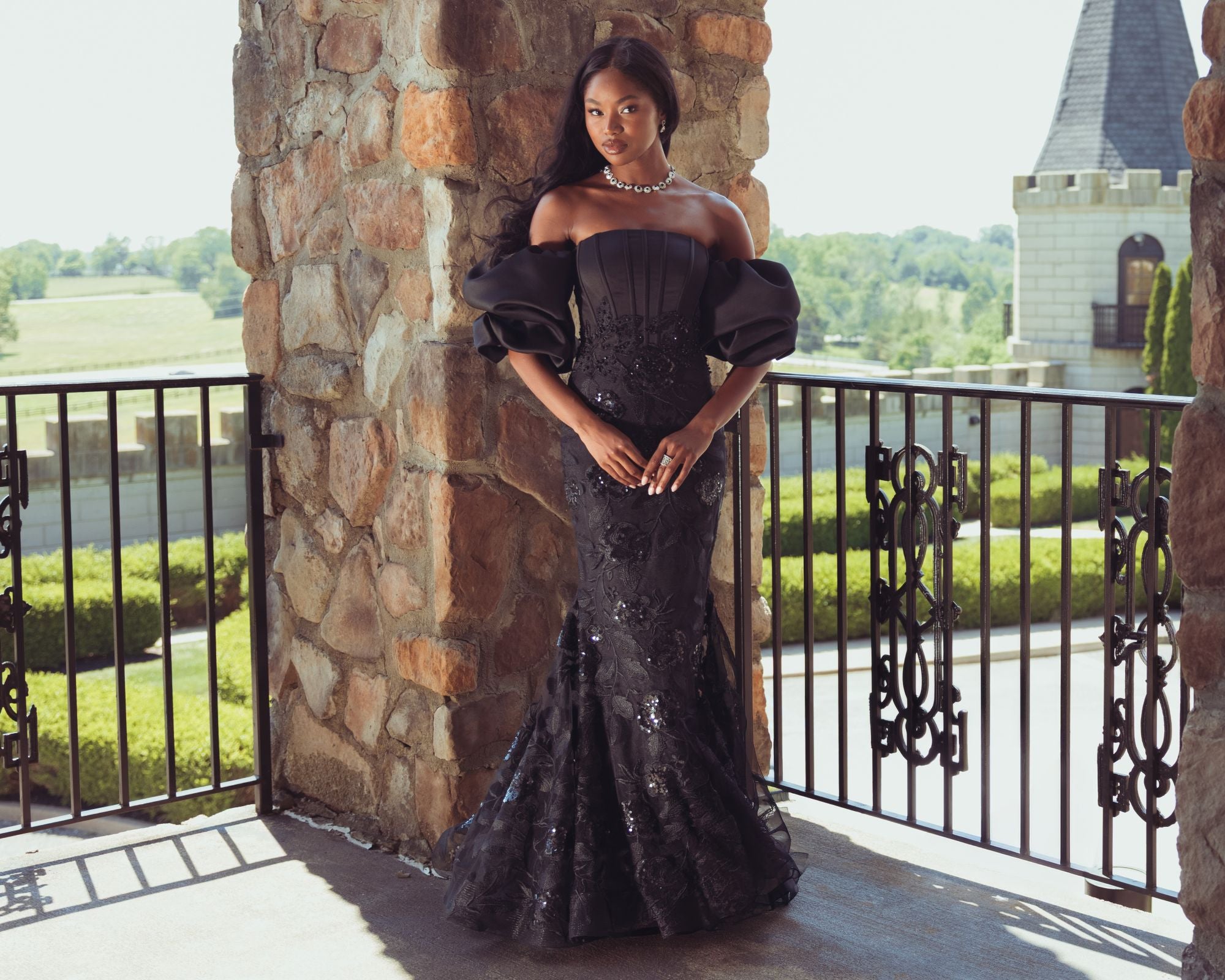 Black Beaded Square Neck Long Sleeve Jersey Gown | Mac Duggal