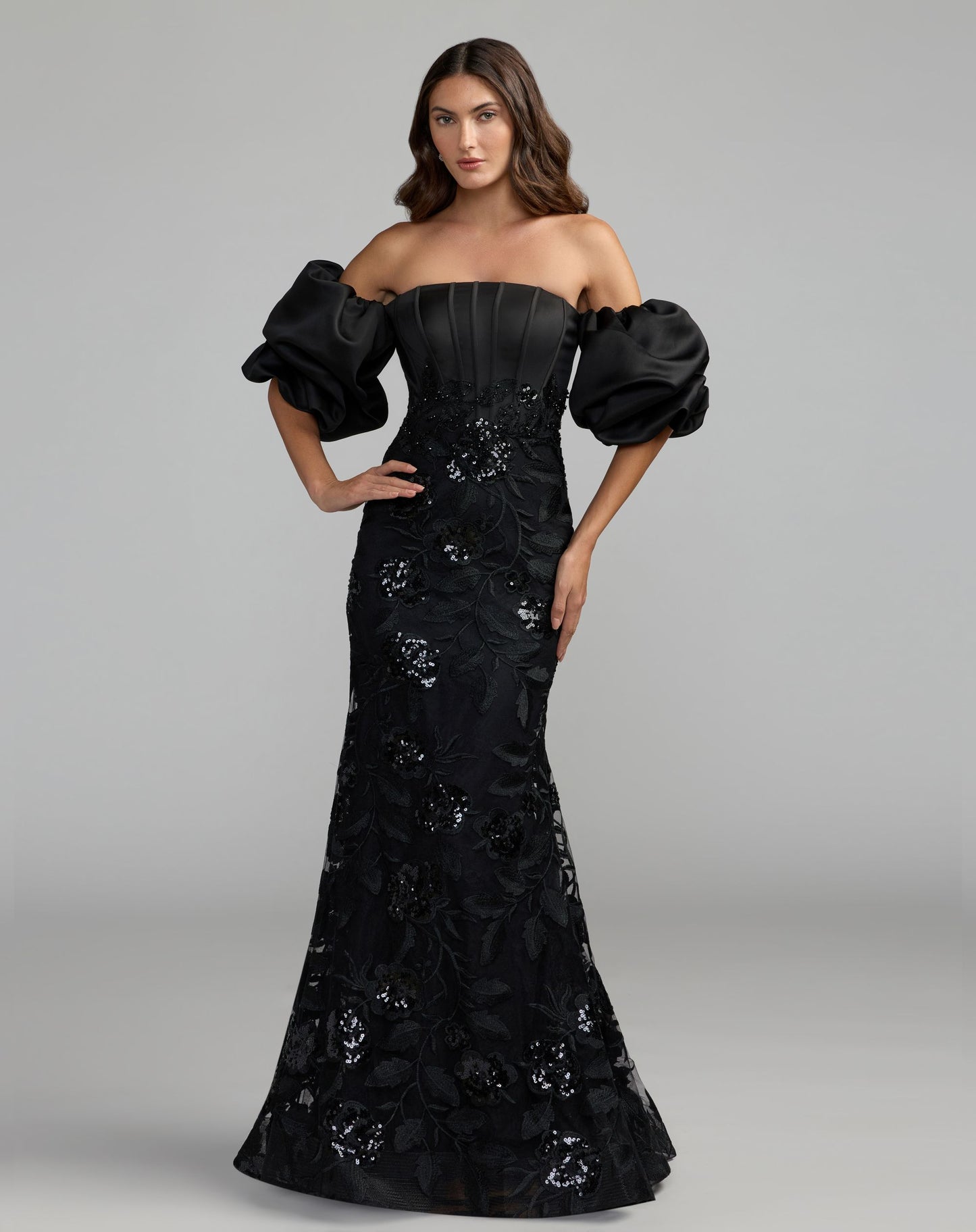 Black Satin Off The Shoulder Embroidered Mermaid Gown - Mac Duggal