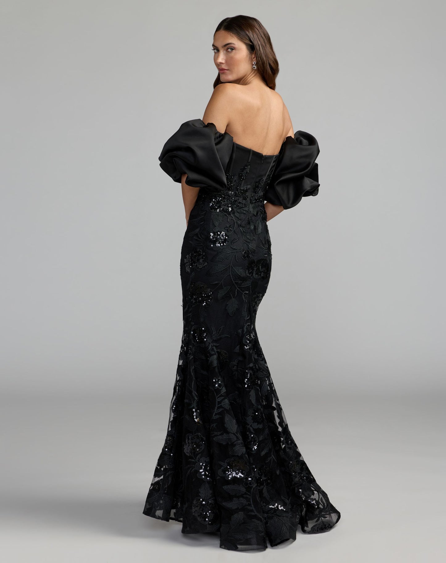 Black Satin Off The Shoulder Embroidered Mermaid Gown - Mac Duggal