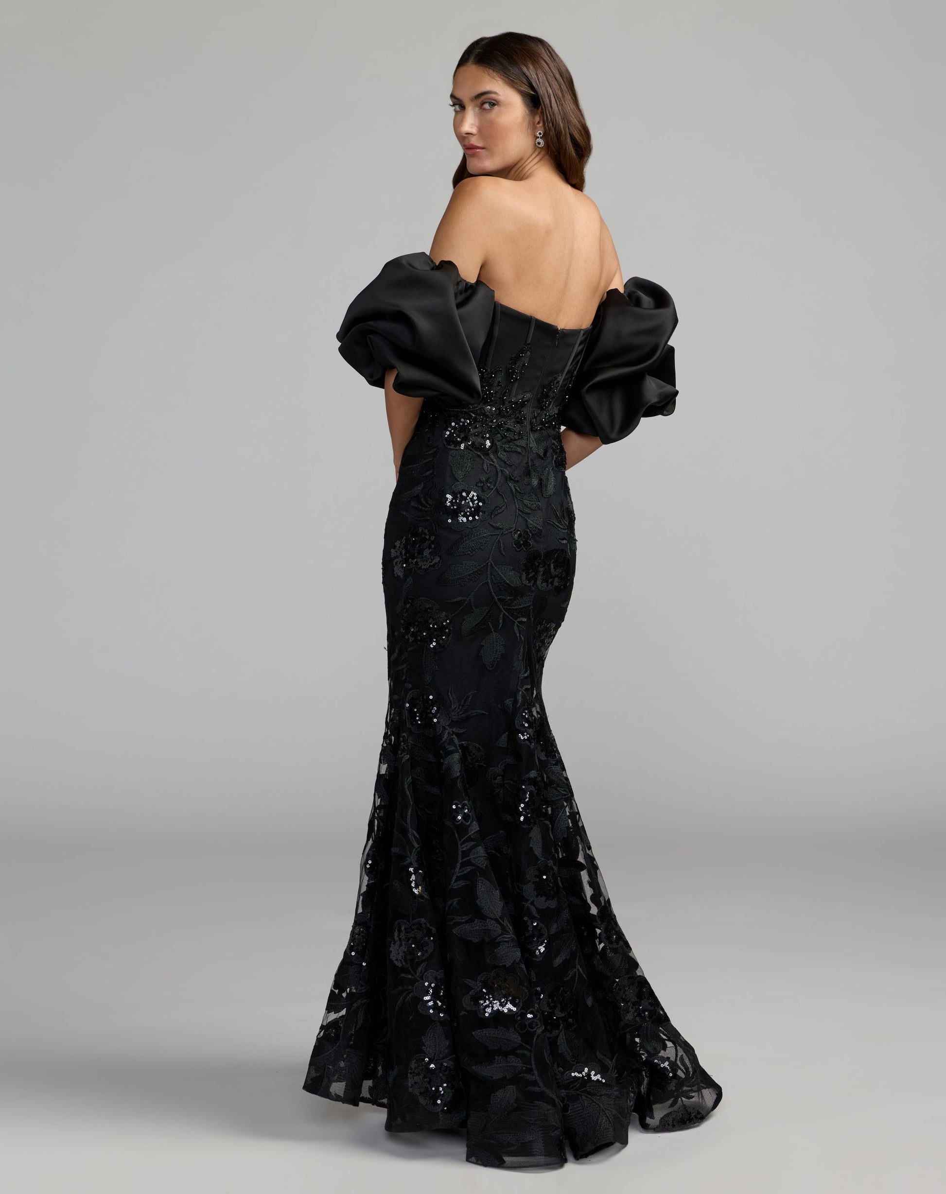 Black Satin Off The Shoulder Embroidered Mermaid Gown - Mac Duggal