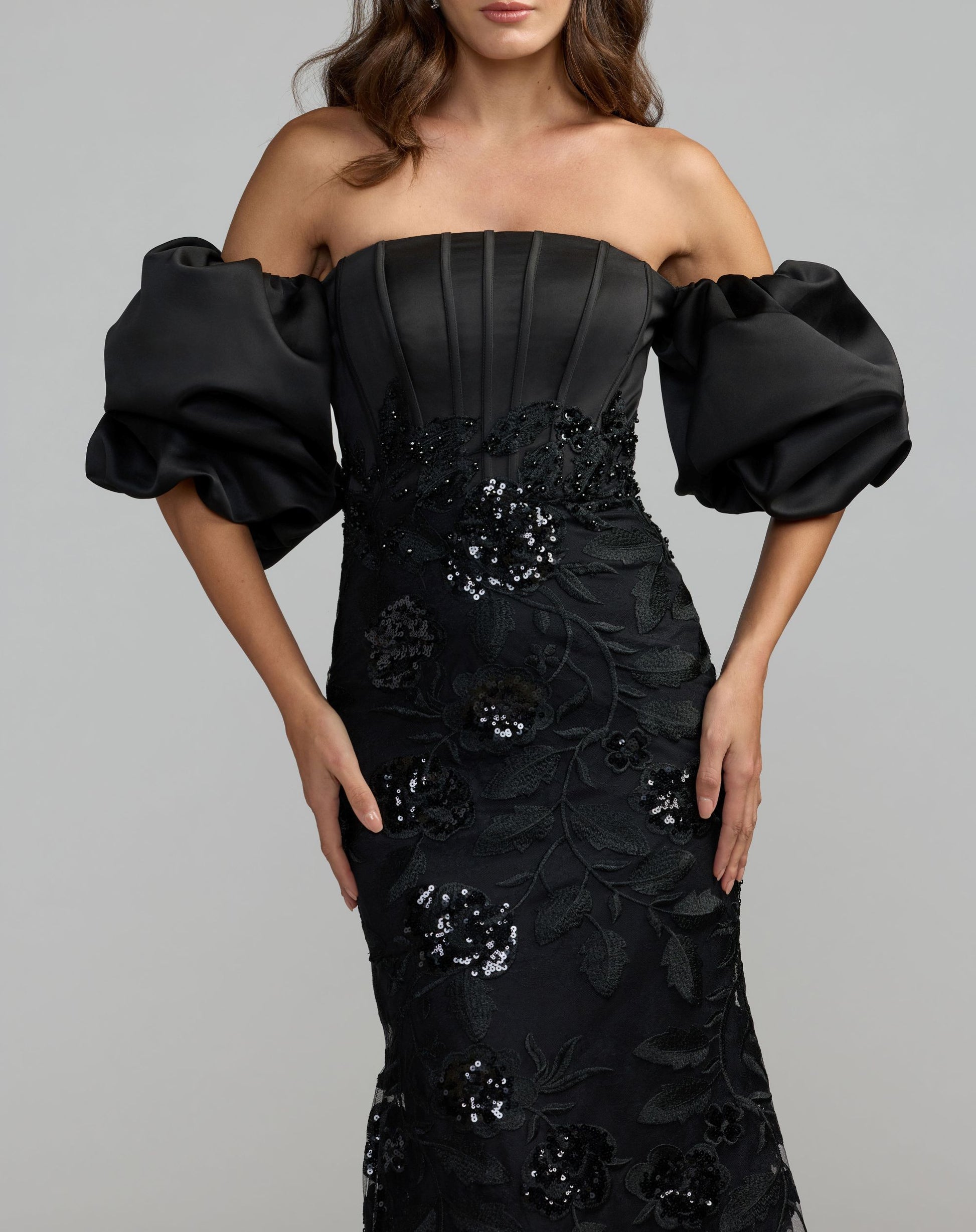 Black Satin Off The Shoulder Embroidered Mermaid Gown - Mac Duggal
