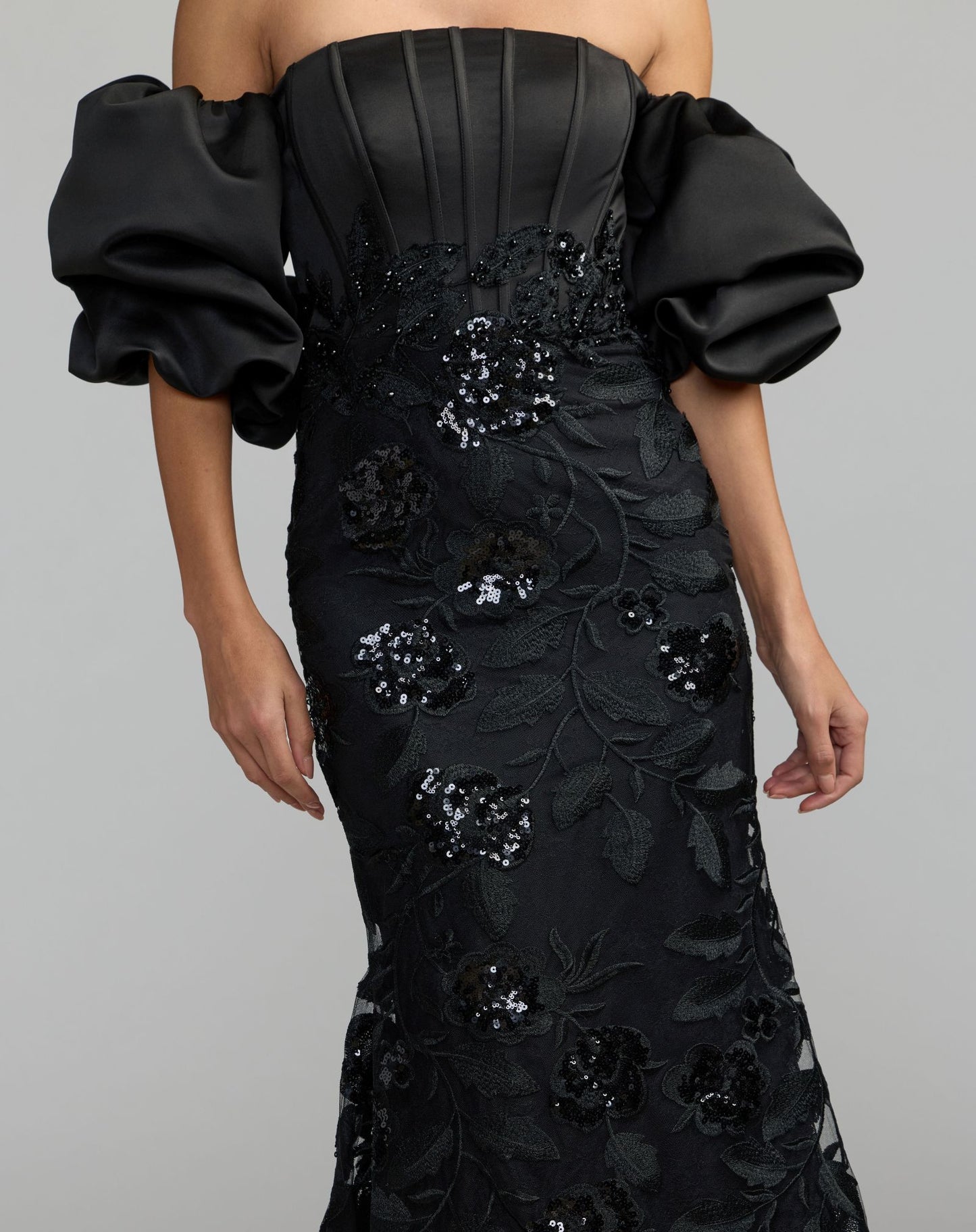 Black Satin Off The Shoulder Embroidered Mermaid Gown - Mac Duggal