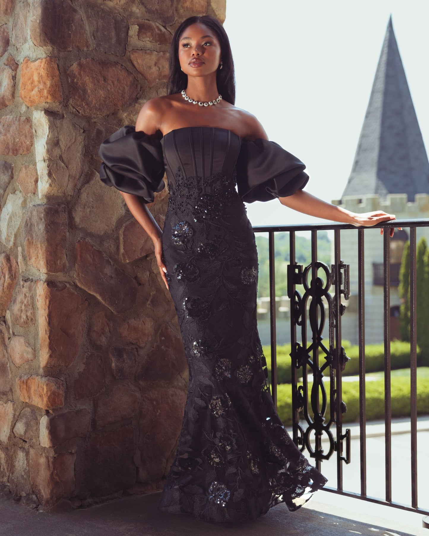 Black Satin Off The Shoulder Embroidered Mermaid Gown - Mac Duggal