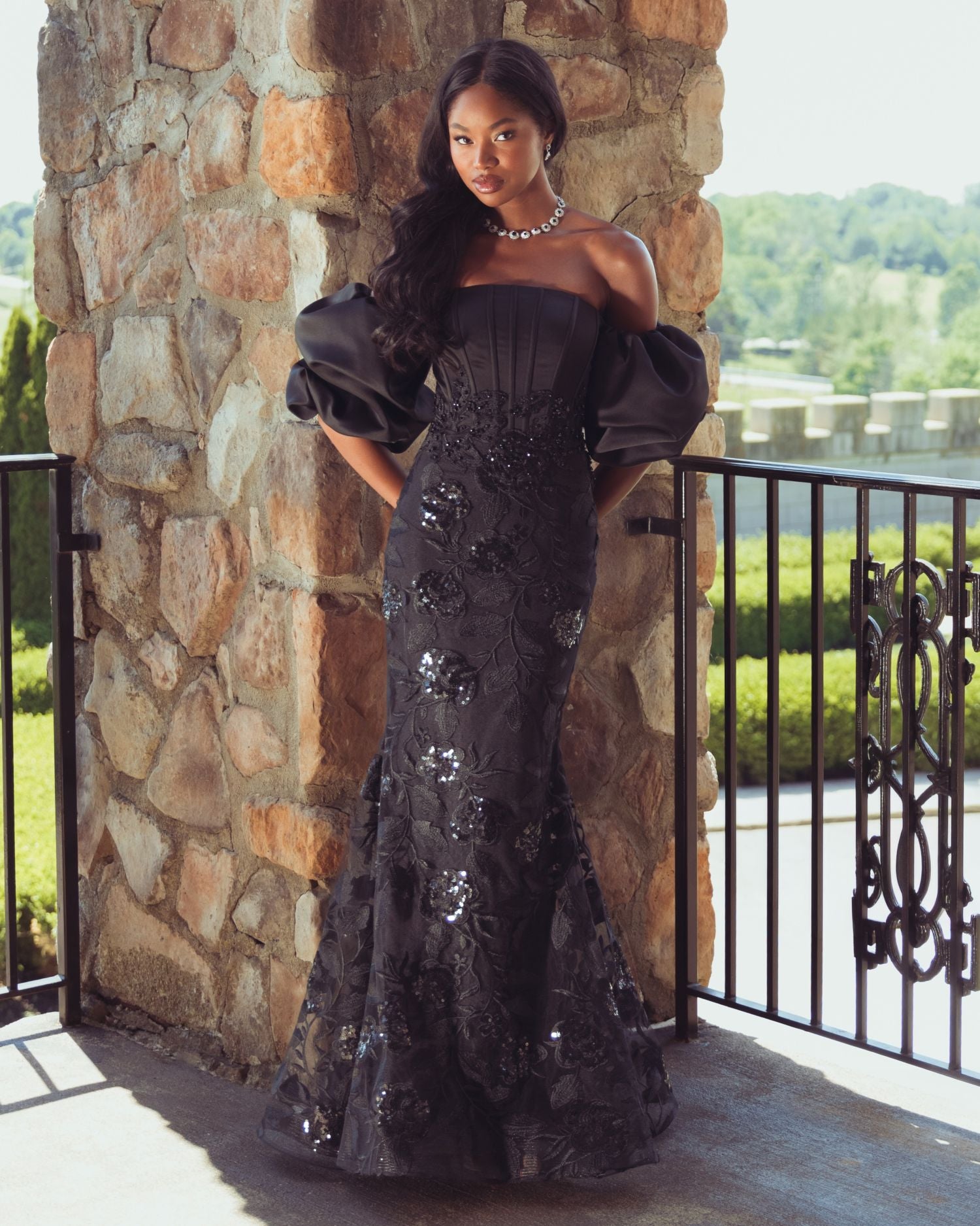 Black Satin Off The Shoulder Embroidered Mermaid Gown - Mac Duggal