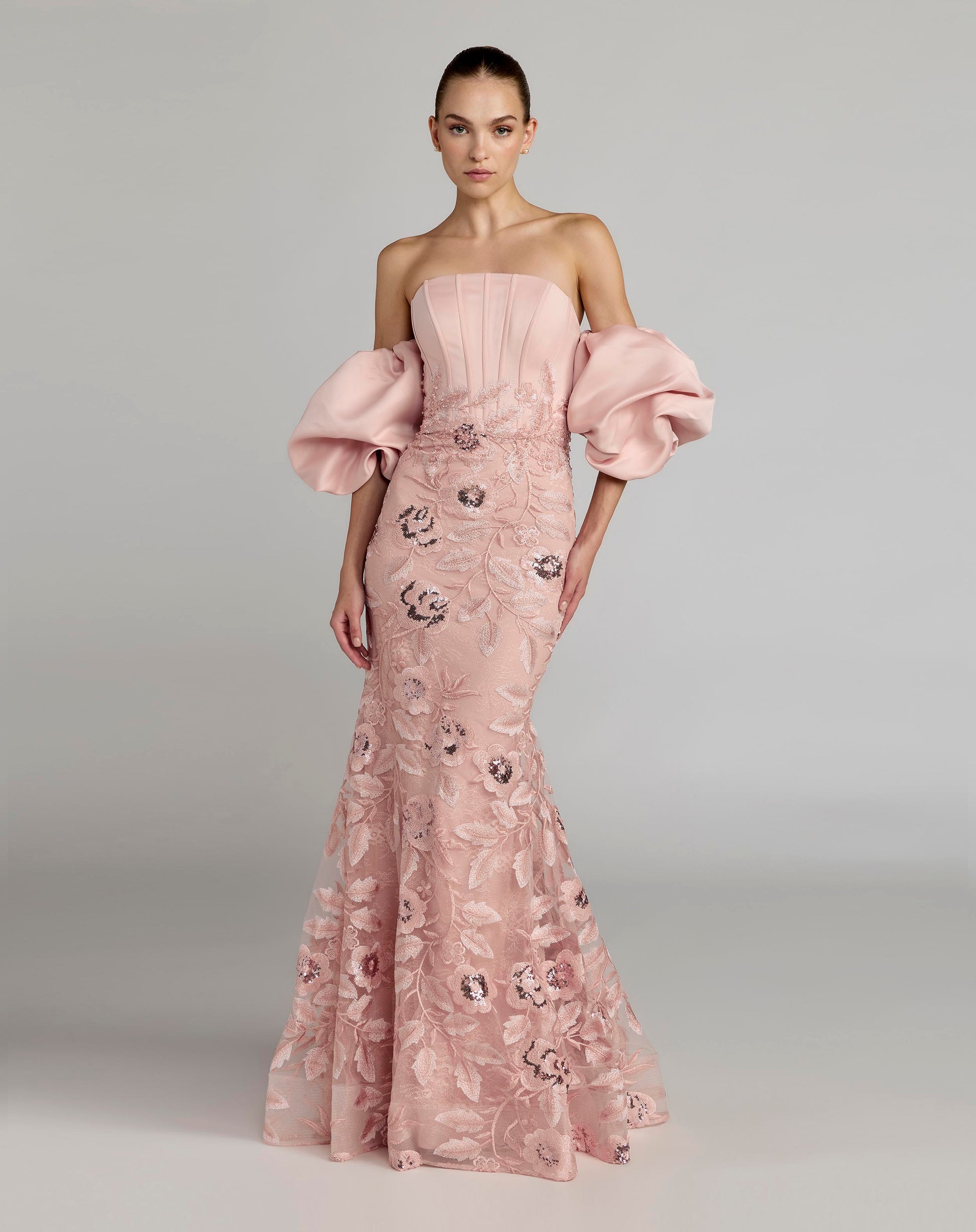 Pink Satin Off The Shoulder Embroidered Mermaid Gown - Mac Duggal