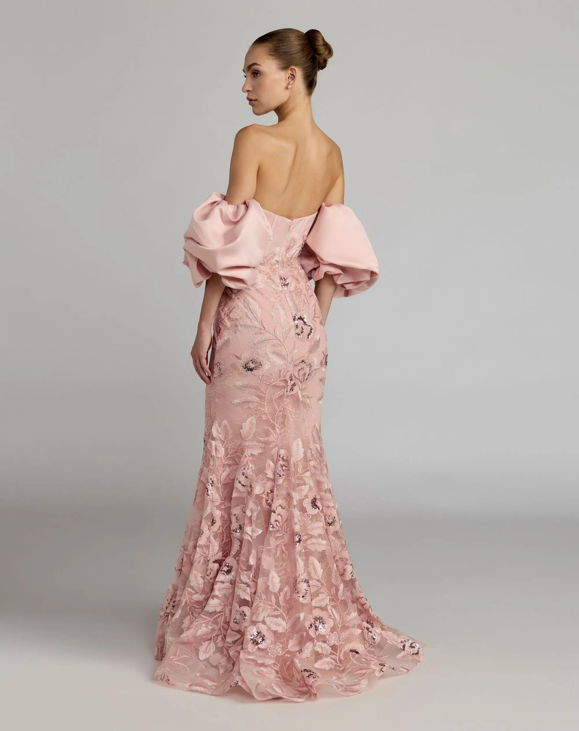 Pink Satin Off The Shoulder Embroidered Mermaid Gown - Mac Duggal