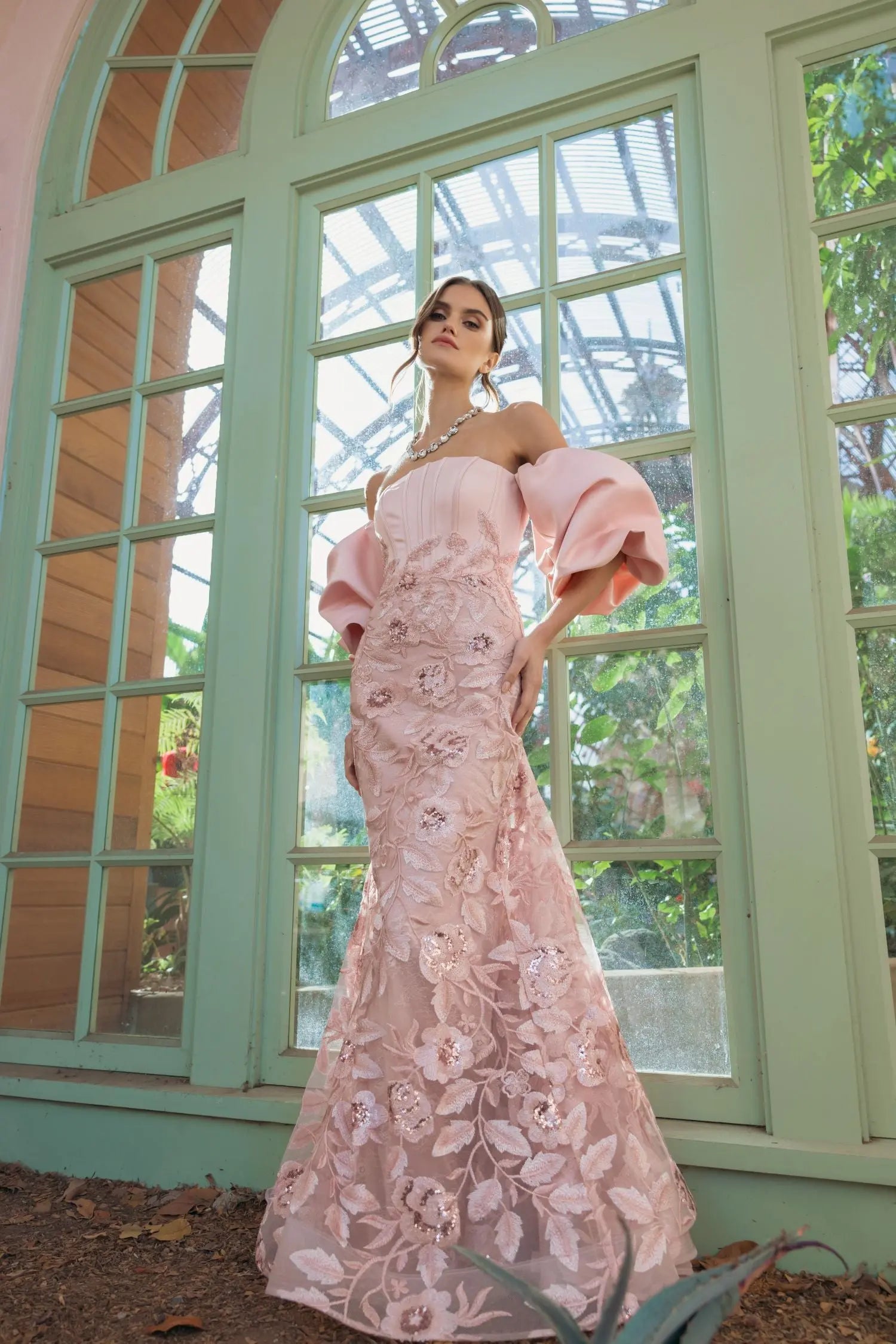 Pink Satin Off The Shoulder Embroidered Mermaid Gown Pink Satin Off The Shoulder Embroidered Mermaid Gown